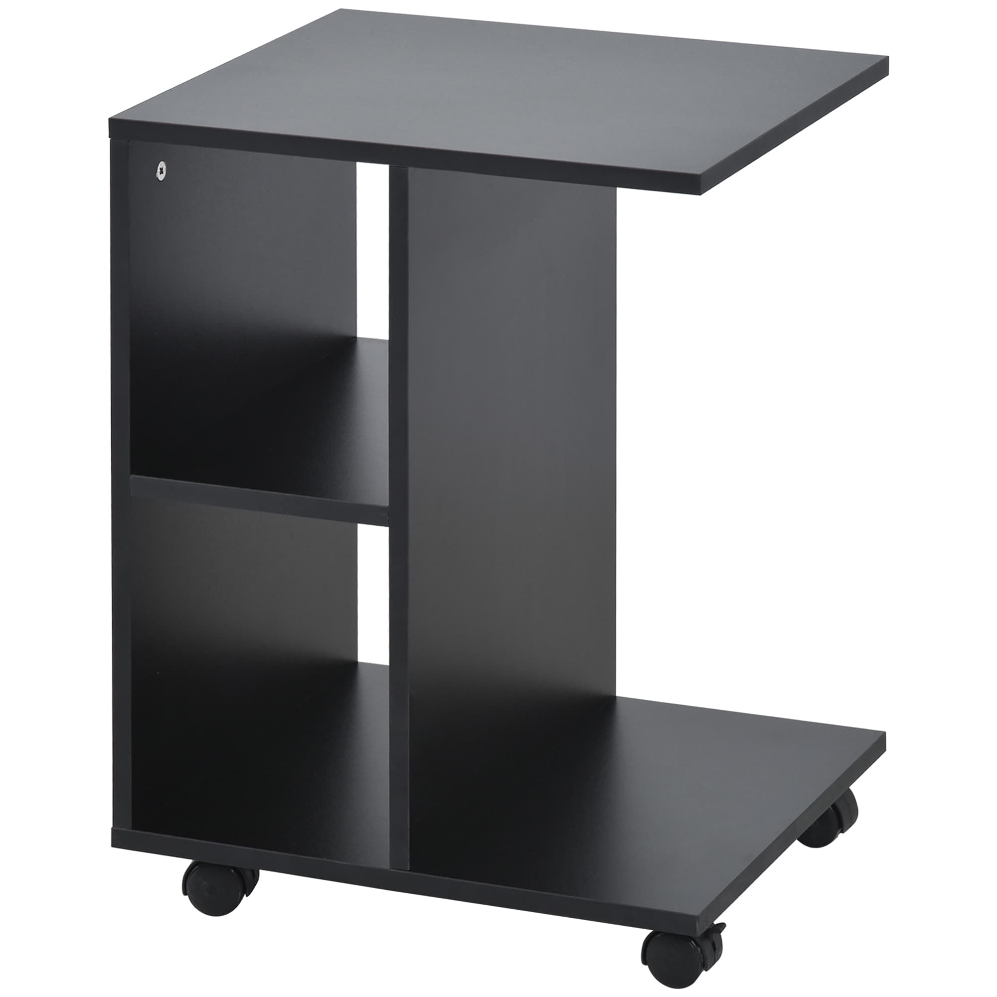 HOMCOM Table Basse en Forme de C avec 2 Étagères Ouvertes et 4 Roues Pivotantes, 45x35x58 cm, Noir