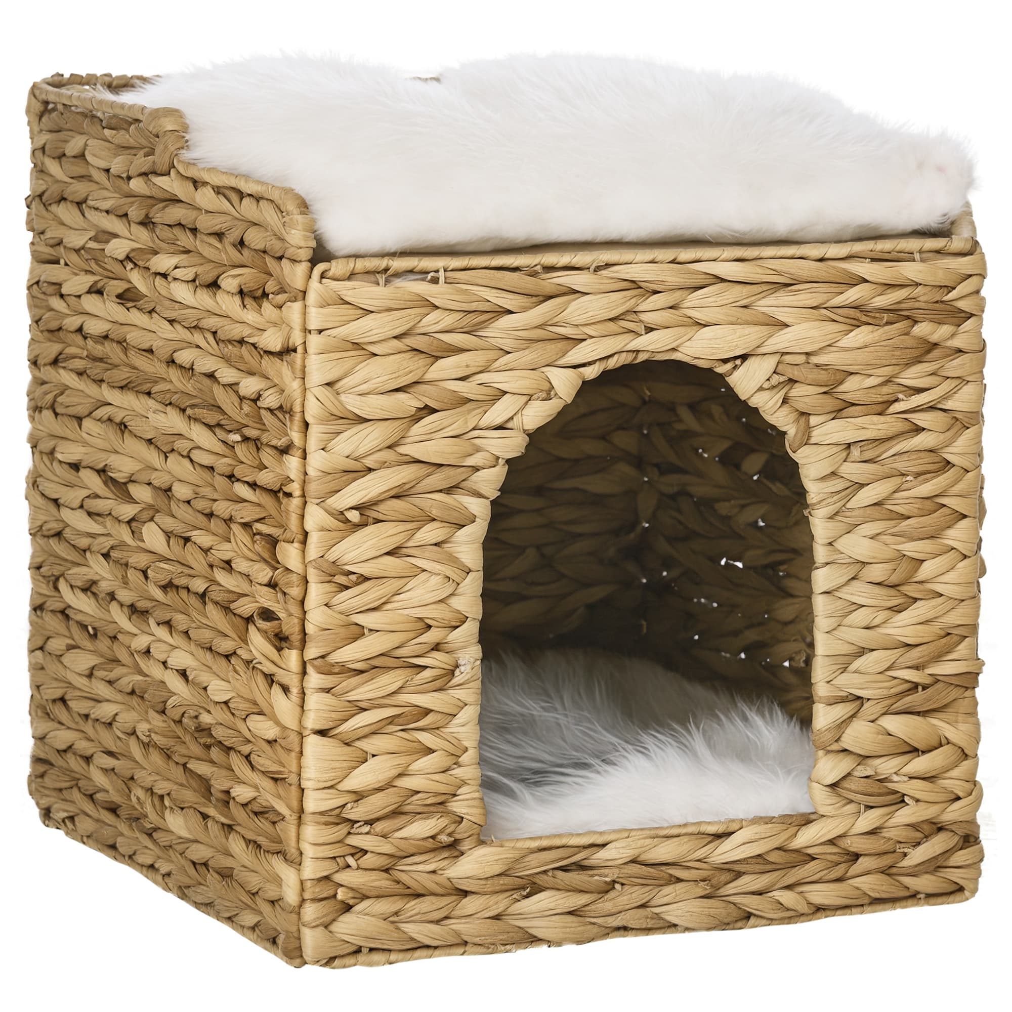 PawHut Niche pour chat maison pour chat 2 niveaux avec 2 coussins en jacinthe d'eau - 37,5 x 37,5 x 41,5 cm marron crème Aosom France