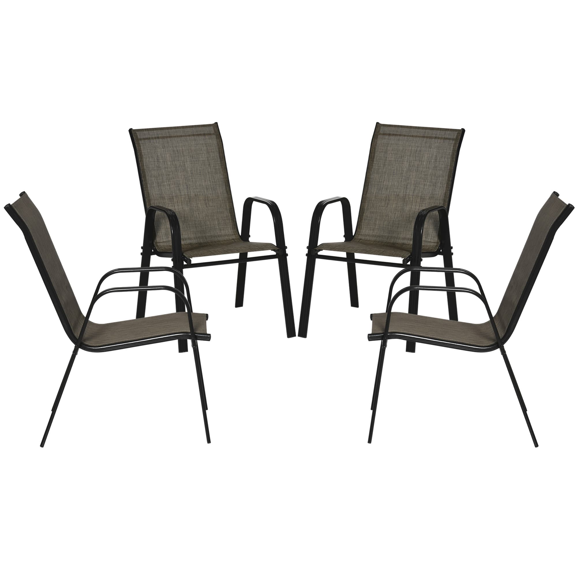 Outsunny Ensemble de Chaises de Jardin Set 4 Pièces, Chaises d'Extérieur Empilables en Métal et Tissu Respirant, Marron