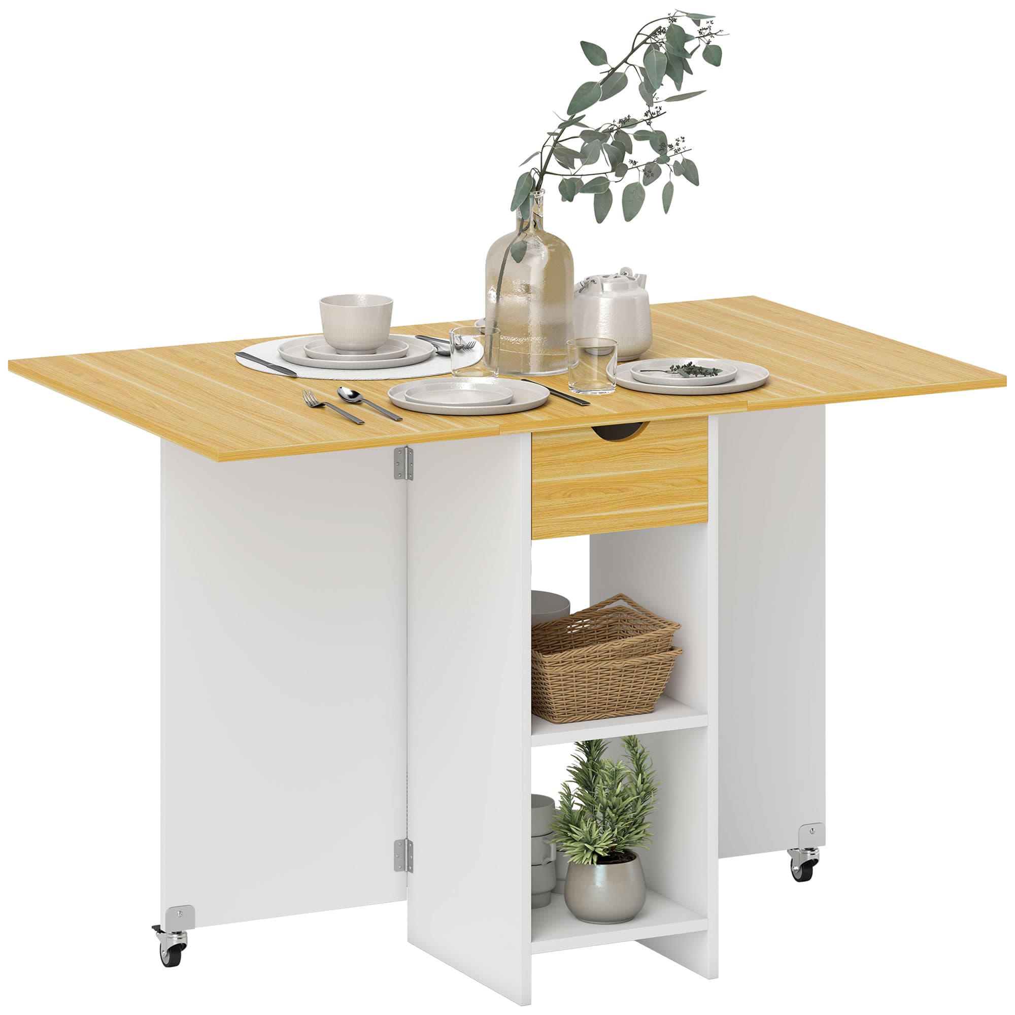 HOMCOM Table de Salle à Manger Pliante pour 2-4 Personnes avec 2 Rallonges, Tiroir et Étagères, Chêne