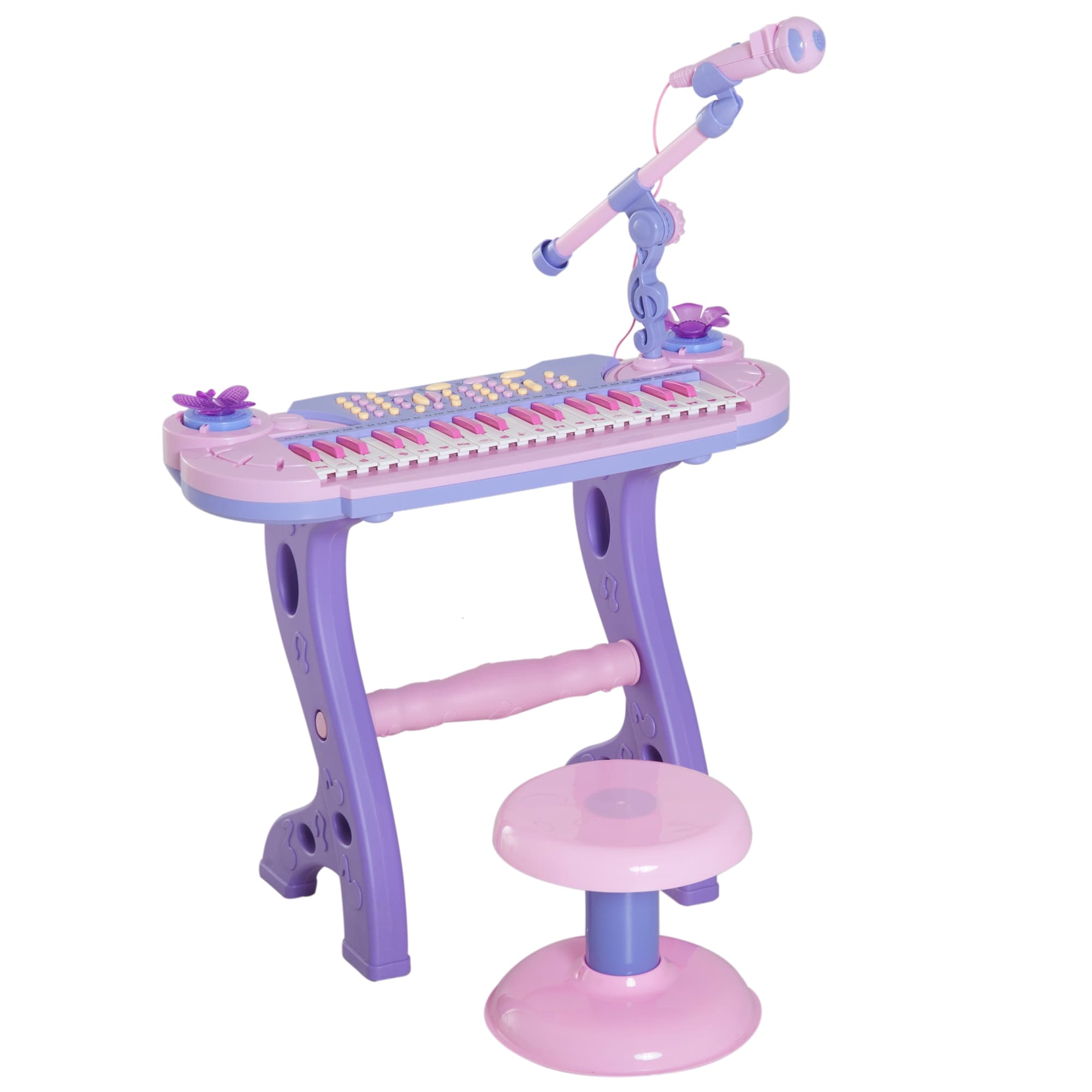 HOMCOM Pianola pour Enfants à 37 Touches avec Tabouret et Microphone, 12 Instruments et 22 Morceaux de Musique, Enregistrement, MP3 et Karaoké, Rose