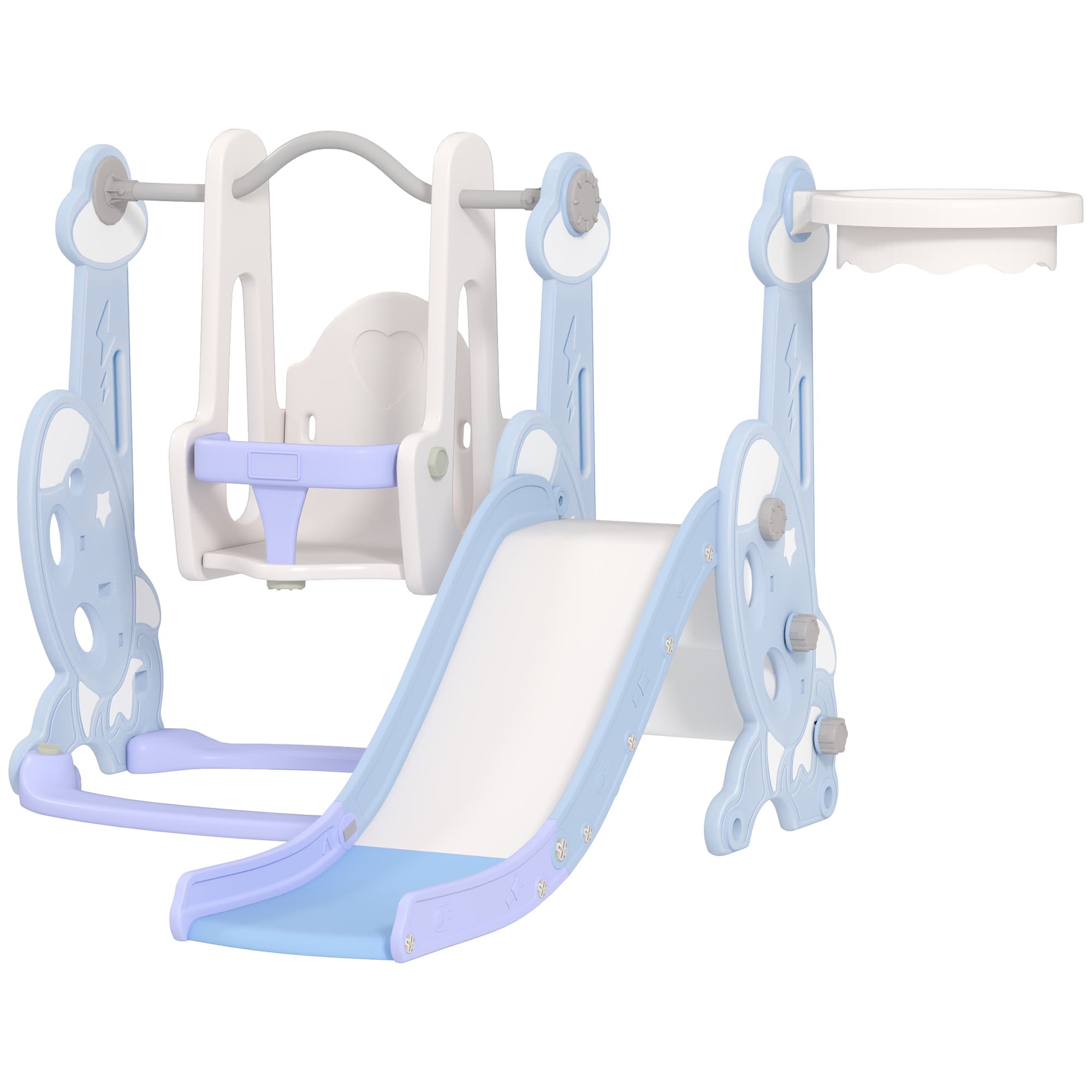 AIYAPLAY Aire de jeu intérieure 4-en-1, ensemble de balançoire et toboggan pour tout-petits avec panier de basket, design de fusée, plastique, bleu clair