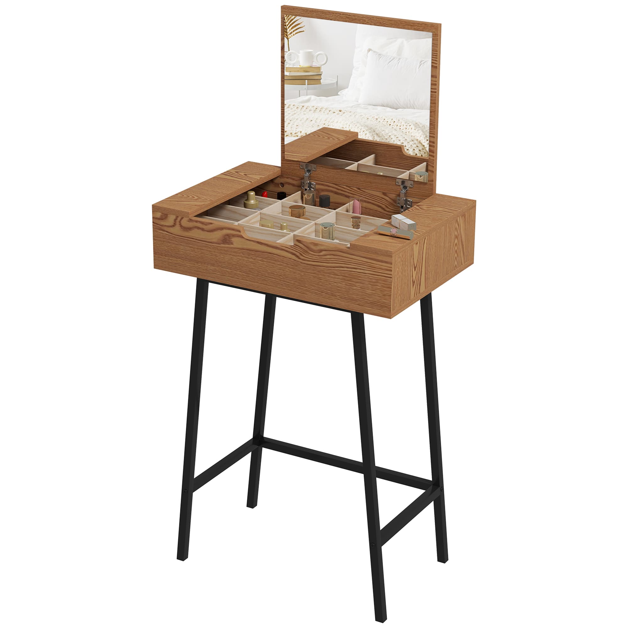 HOMCOM Table de Maquillage avec Miroir Pliable et 16 Compartiments de Style Industriel, Bois et Acier, 60x40x90 cm
