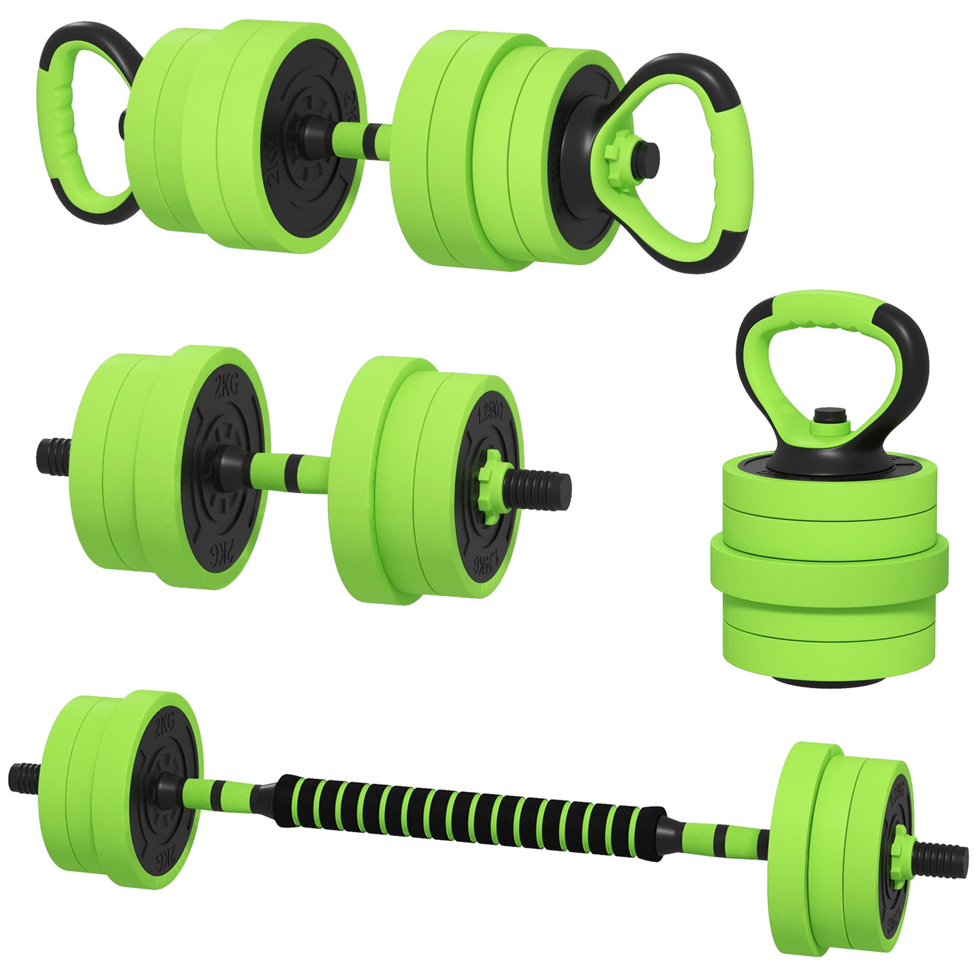 SPORTNOW Ensemble d'haltères 4 en 1 de 20 kg haltère ajustable & barre de musculation kettlebell poignées de pompes Vert