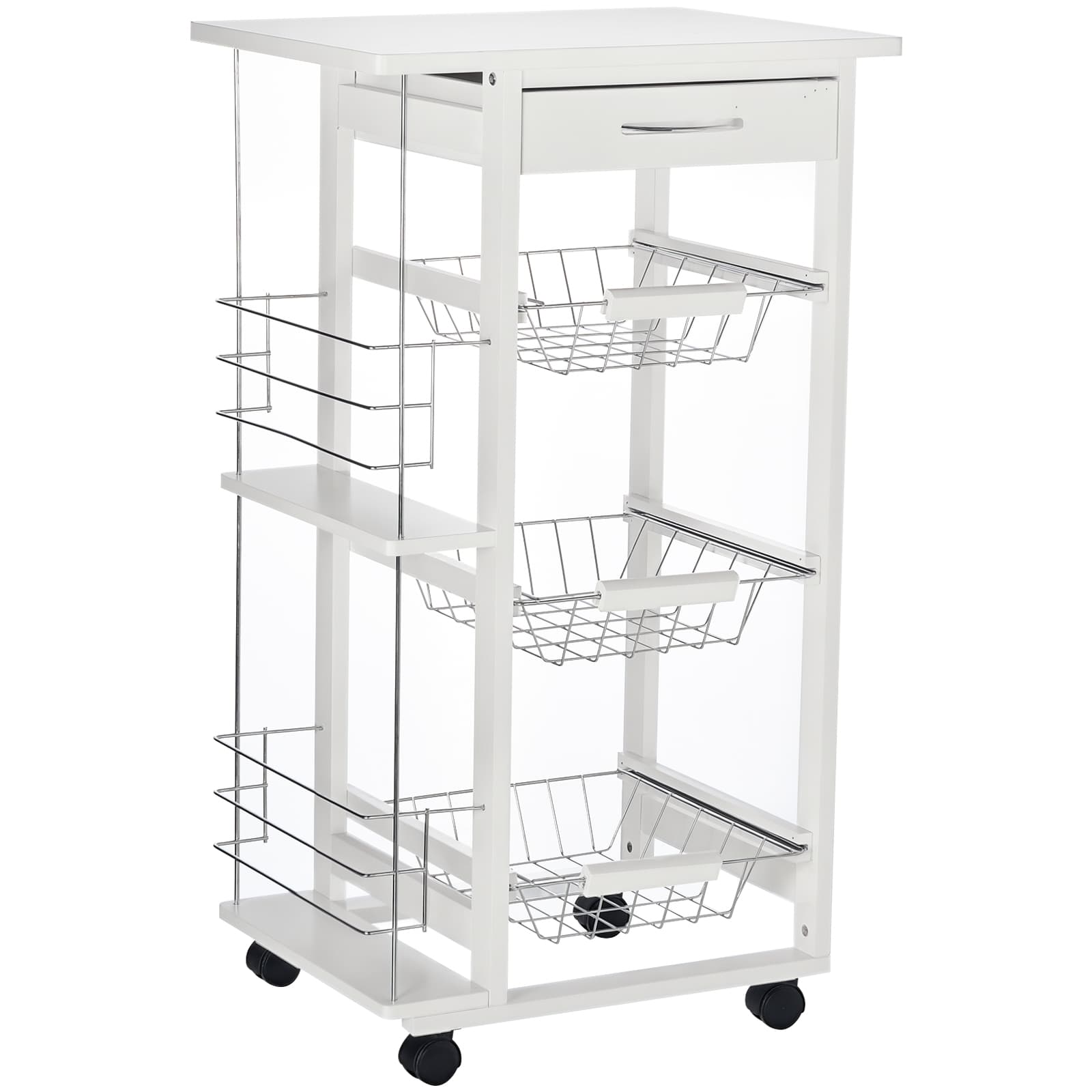 HOMCOM Desserte cuisine chariot à roulettes 3 paniers étagères métallique coulissants + 2 range-bouteilles + tiroir bois pin Aosom France