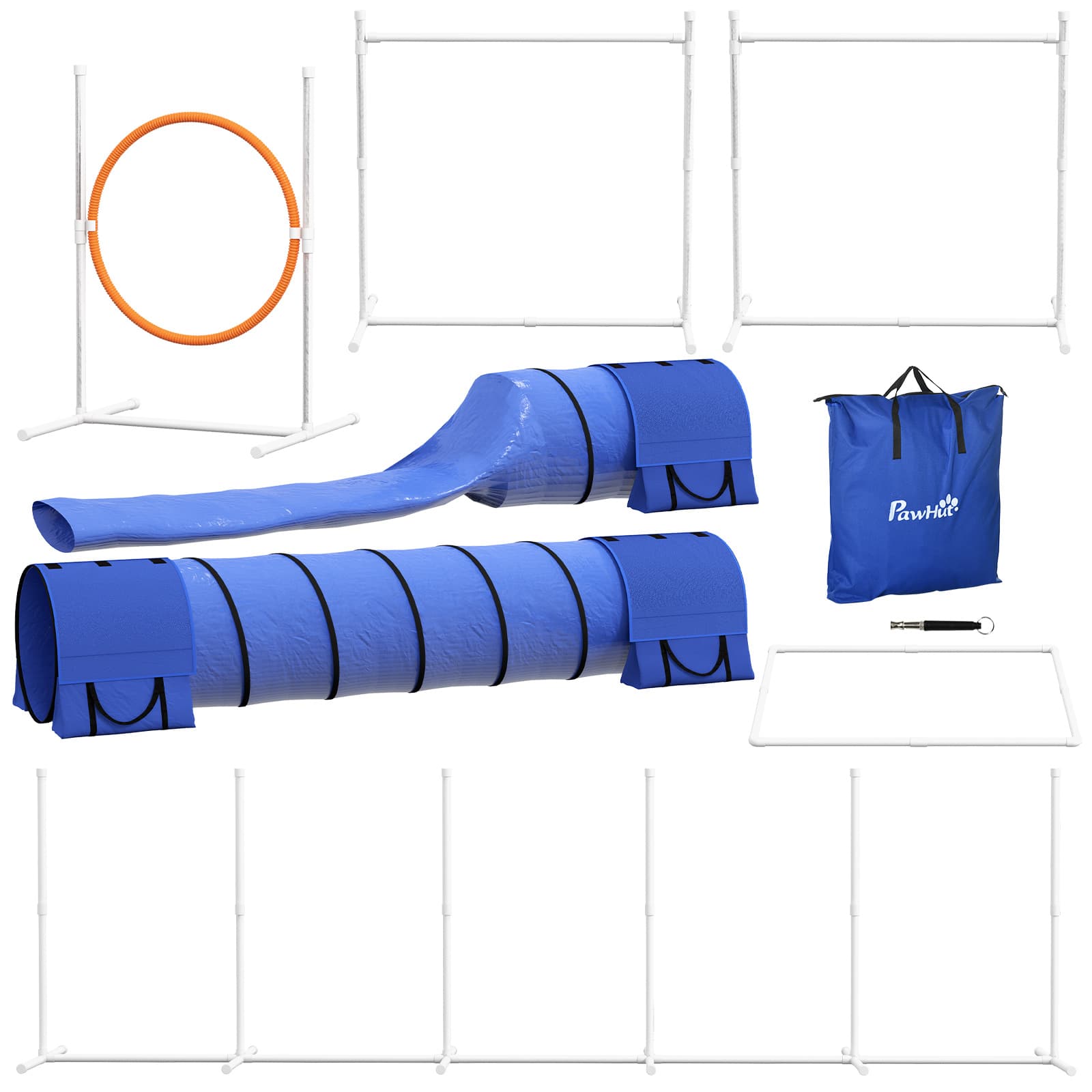 Ensemble d'Agilité pour Chiens PawHut, 7 Pièces : 1 Cerceau, 2 Tunnels, 2 Haies, 321 cm x 63 cm x 93 cm, Bleu + Rouge+ Blanc