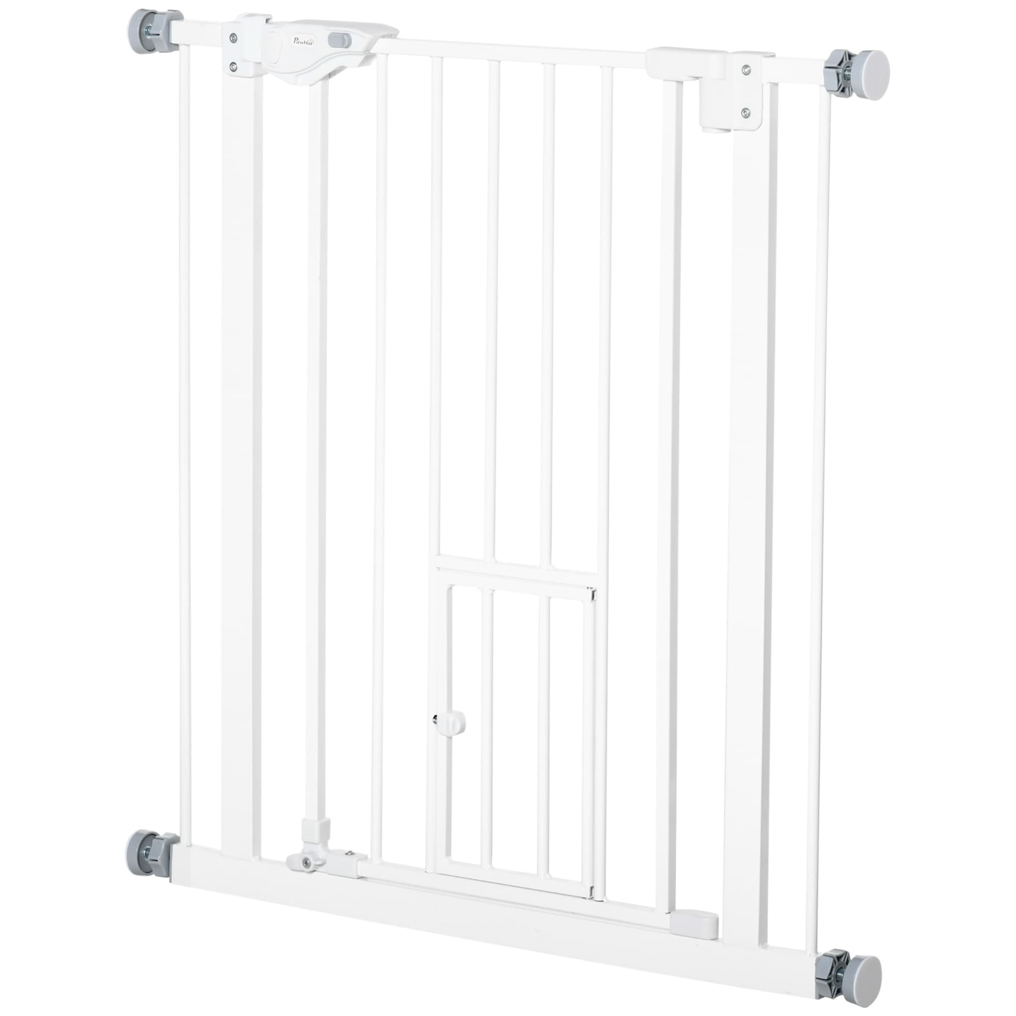PawHut Barrière pour Chiens avec Petite Porte, Montage sur Pression et Fermeture Automatique, 74-80x76.2cm, Blanc
