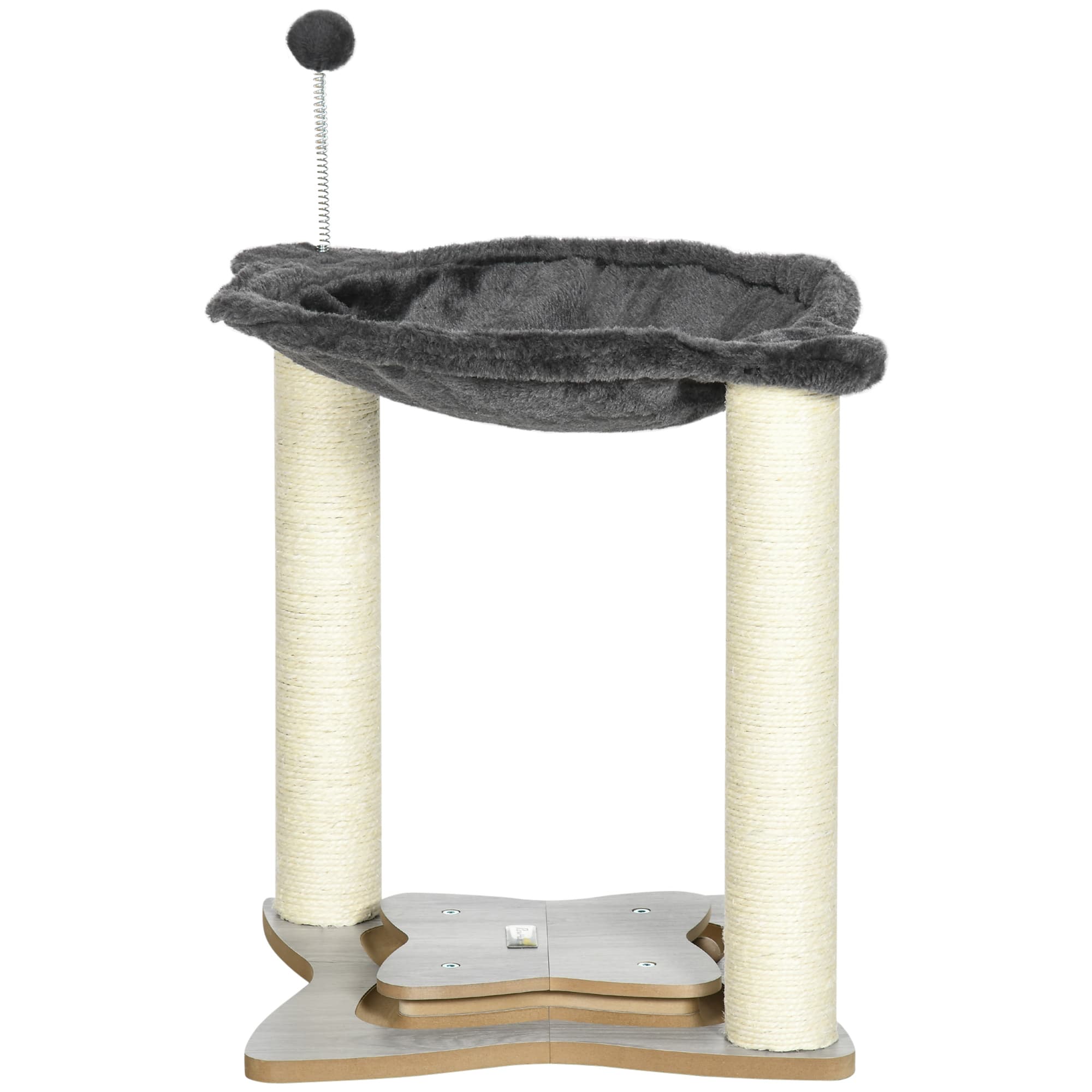 PawHut Griffoir pour Chats avec Hamac en Peluche, Base en Bois avec Jeu et Poteaux en Sisal, 53,55x53,5x66cm, Gris