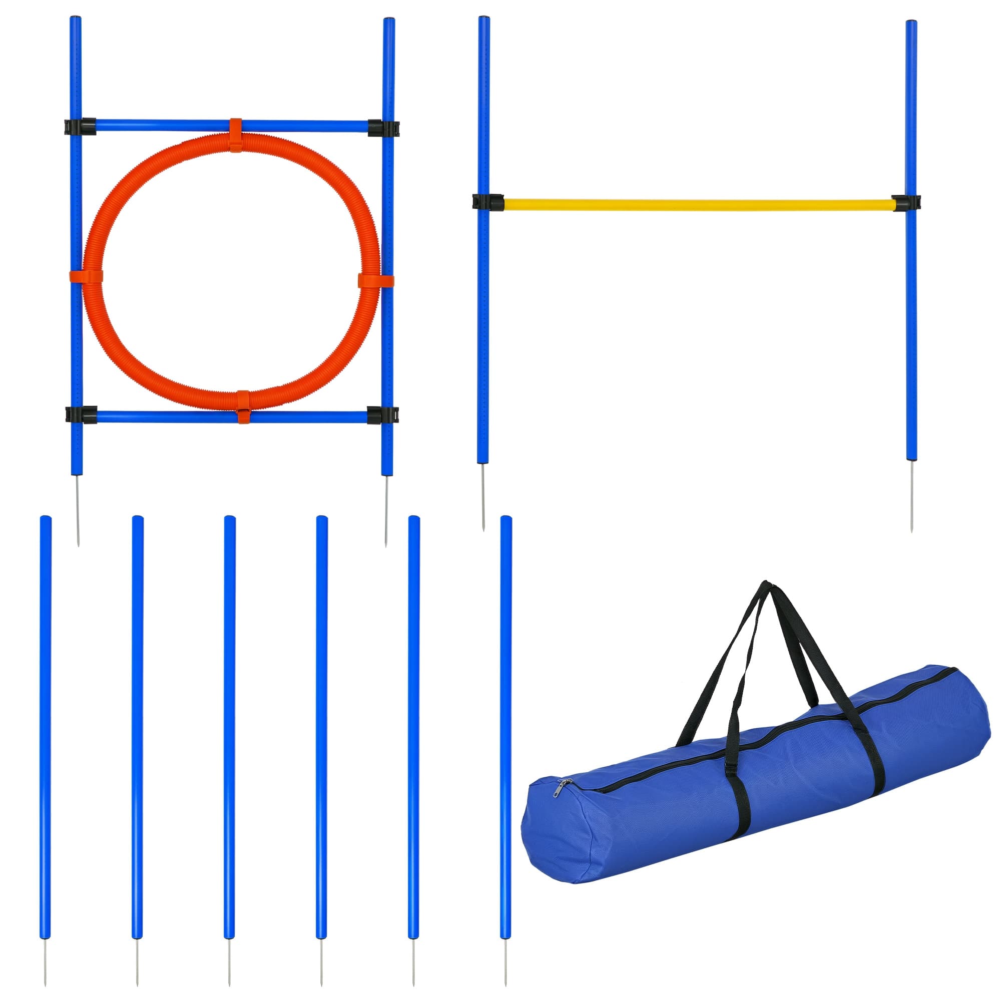 PawHut Kit Complet d'Agility pour Chiens avec Slalom, Obstacles, Anneau et Sac de Transport Bleu/Jaune/Rouge Aosom France