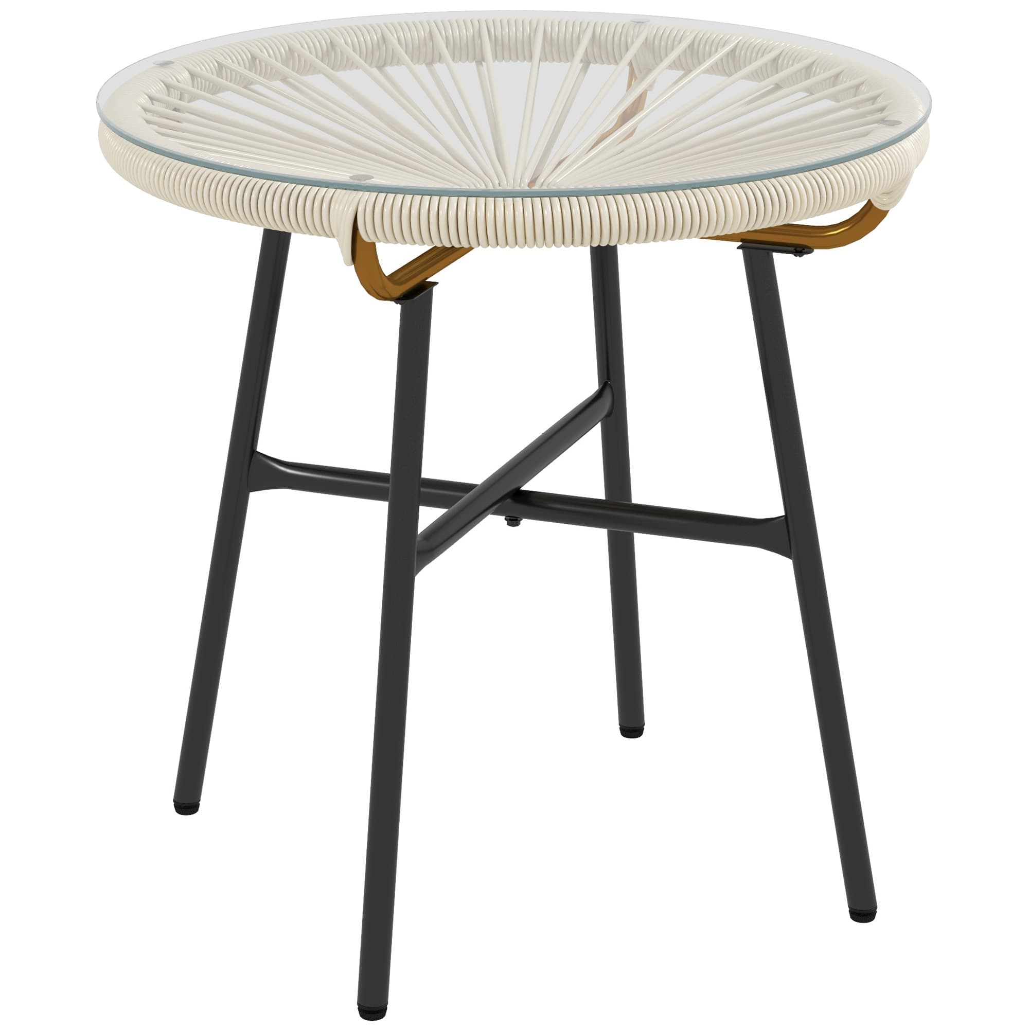 Outsunny Table basse ronde de jardin en résine aspect rotin métal et plateau verre trempé Ø 50 x 50 cm crème