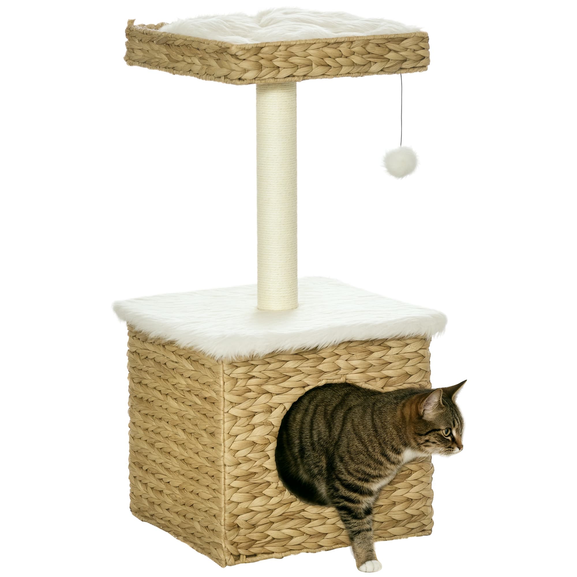 PawHut Arbre à chat 2 niveaux avec 1 niche 1 poteau sisal 1 plateforme d'observation et 1 pompon suspendu jacinthe d'eau
