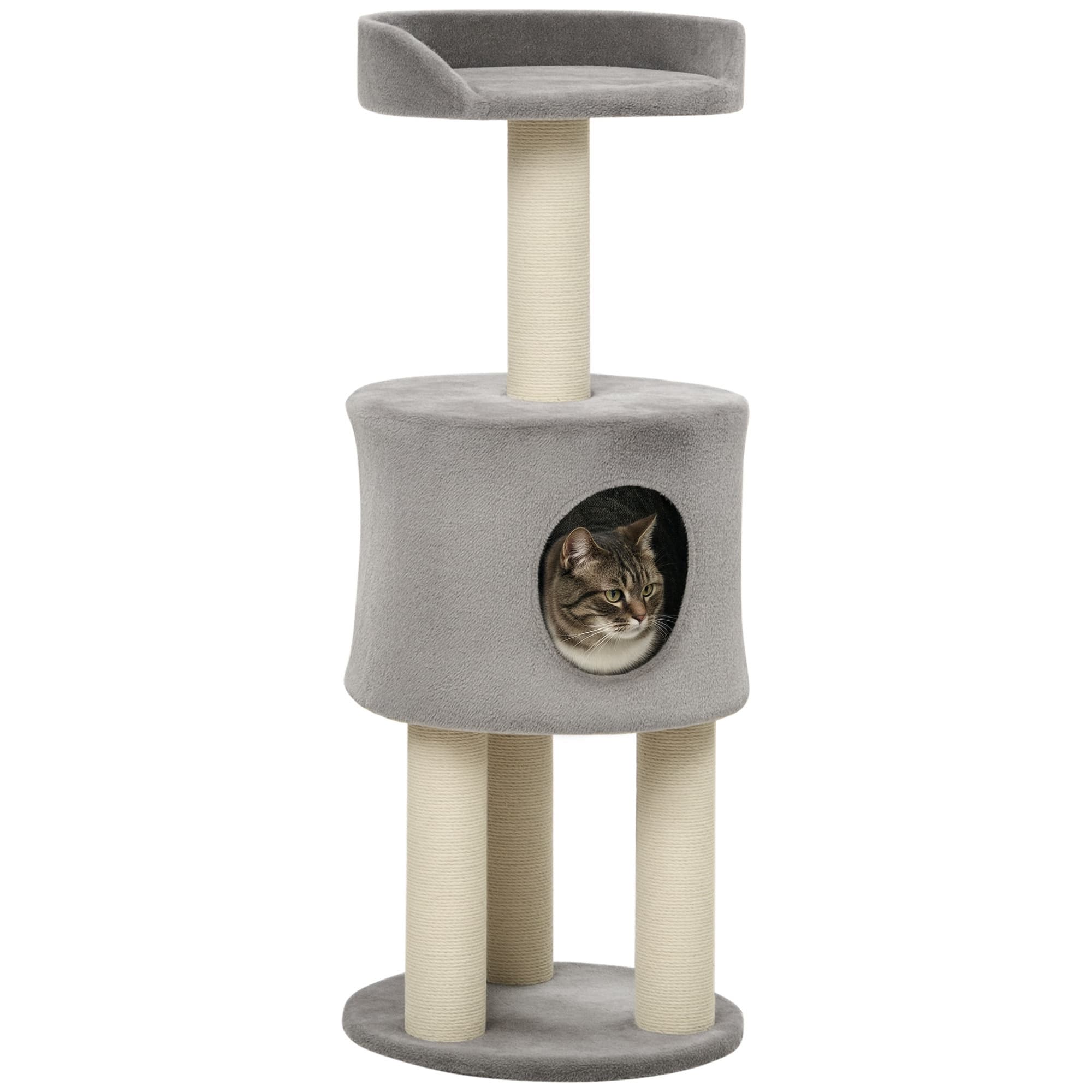 PawHut Arbre à Chat avec Griffoirs Sisal Naturel, Niche, Plateforme Peluche 103cm Gris Aosom France