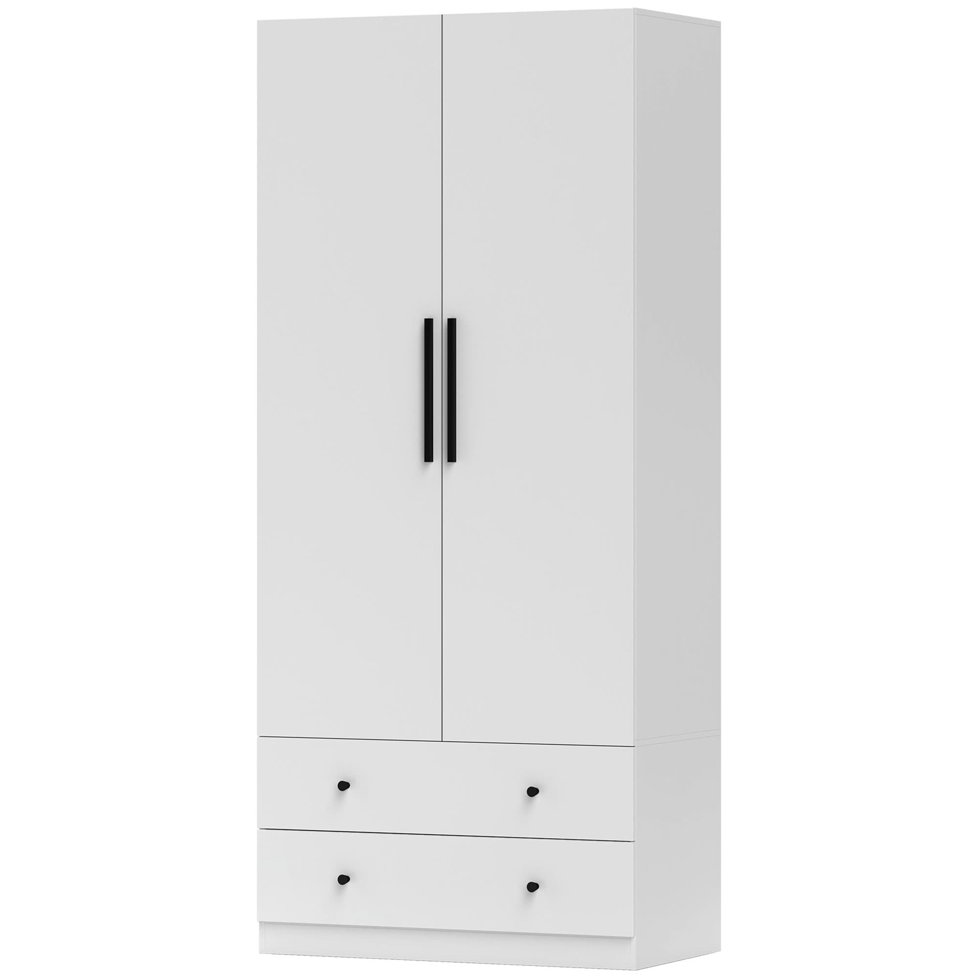 HOMCOM Armoire à 2 Portes avec Espace de Suspension, Tringle à Vêtements, 2 Tiroirs, Panneau de Particules, Blanc