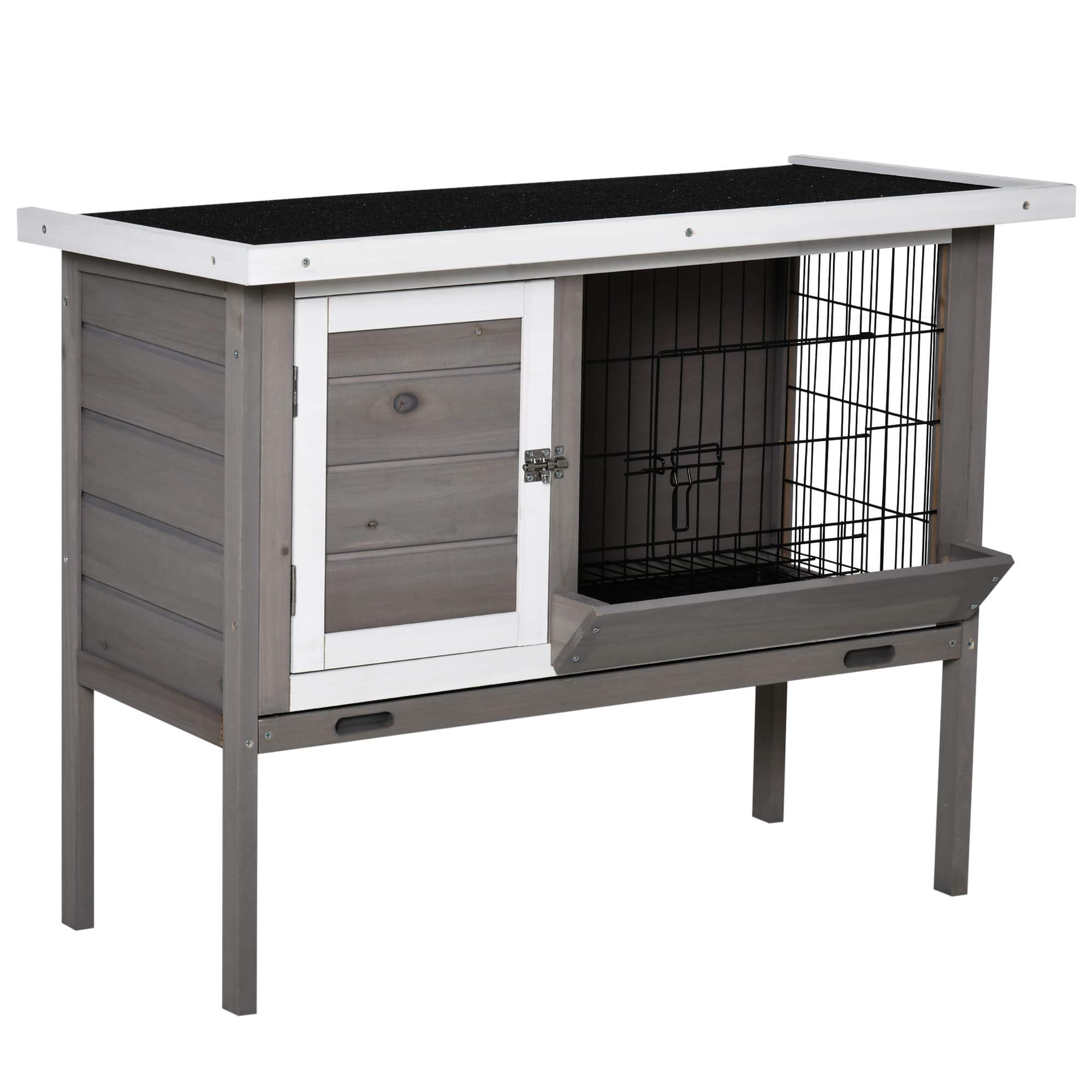 PawHut Clapier en bois pour lapin avec toit en asphalte mangeoire plateau amovible et 2 portes 91 x 46 x 71 cm gris