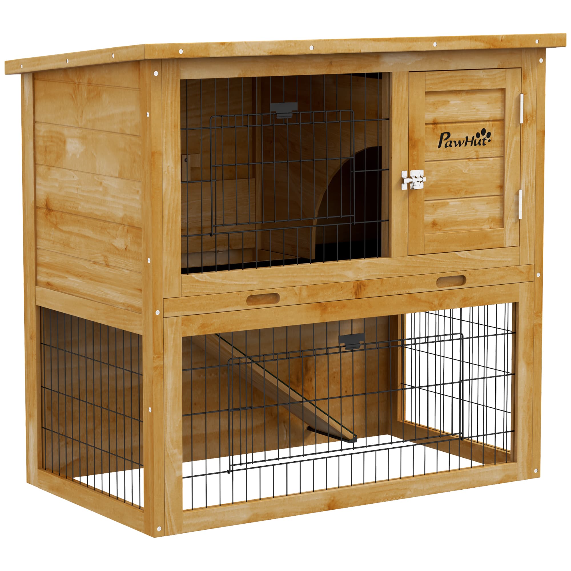 PawHut Clapier à lapin en bois 2 étages avec 3 portes plateau coulissant rampe toit bitumé 85 x 50 x 80 cm orange