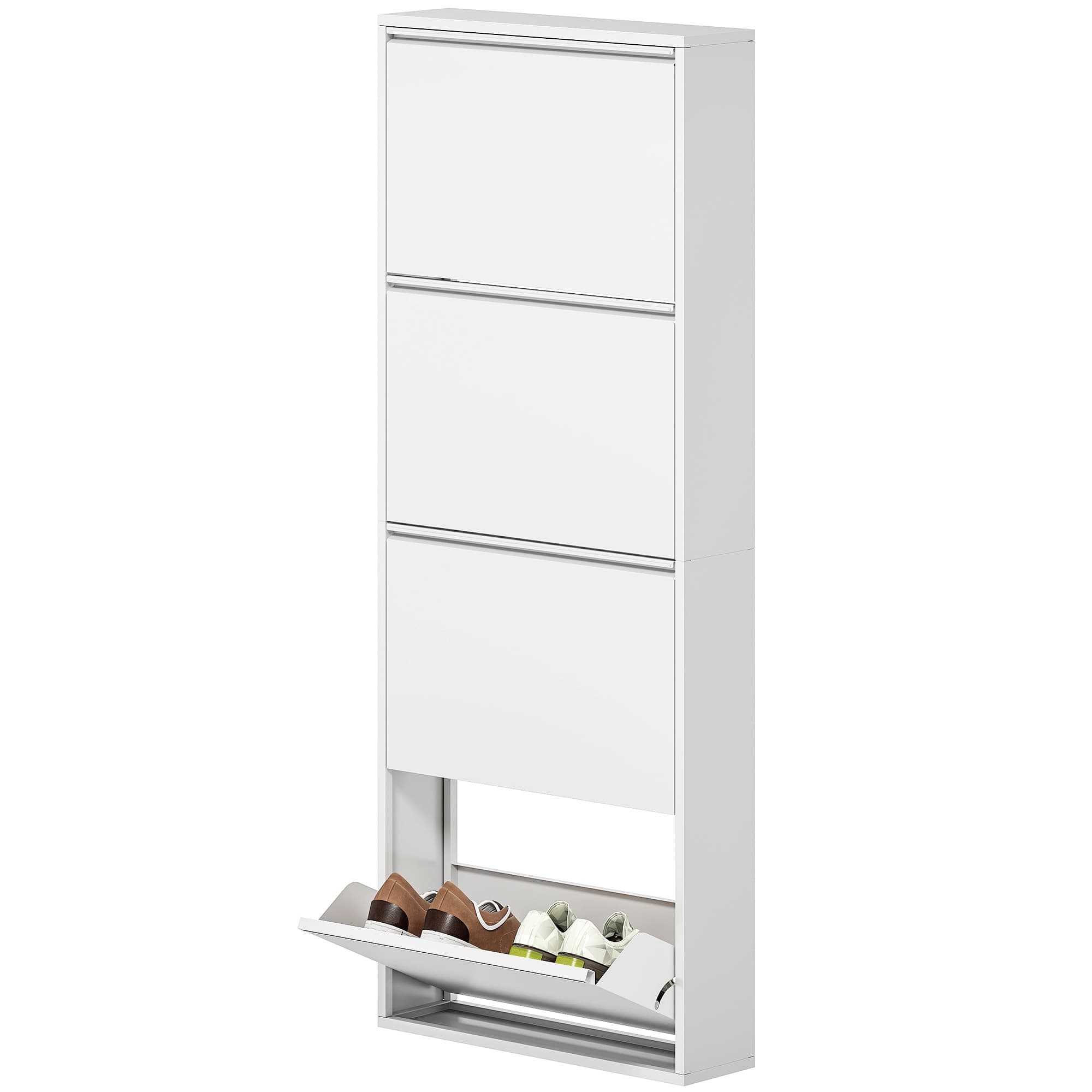HOMCOM Étagère à chaussures en métal étroite pour jusqu'à 8 paires de chaussures, 4 tiroirs pliables, pour hall et entrée, Blanc