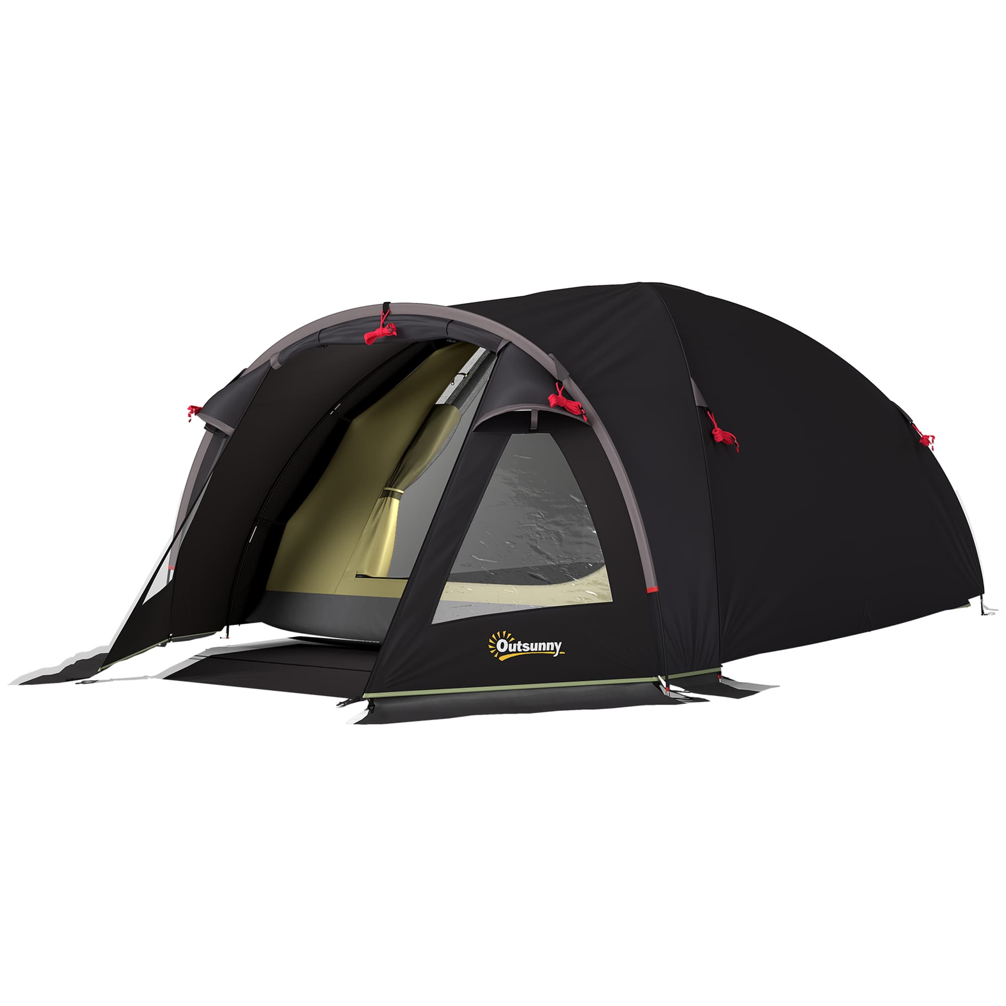 Outsunny Tente à Tunnel pour 2-4 Personnes avec Fenêtres Latérales et Crochet, en Polyester 190T et PE, 3,3x1,9x1,2 m, Noir
