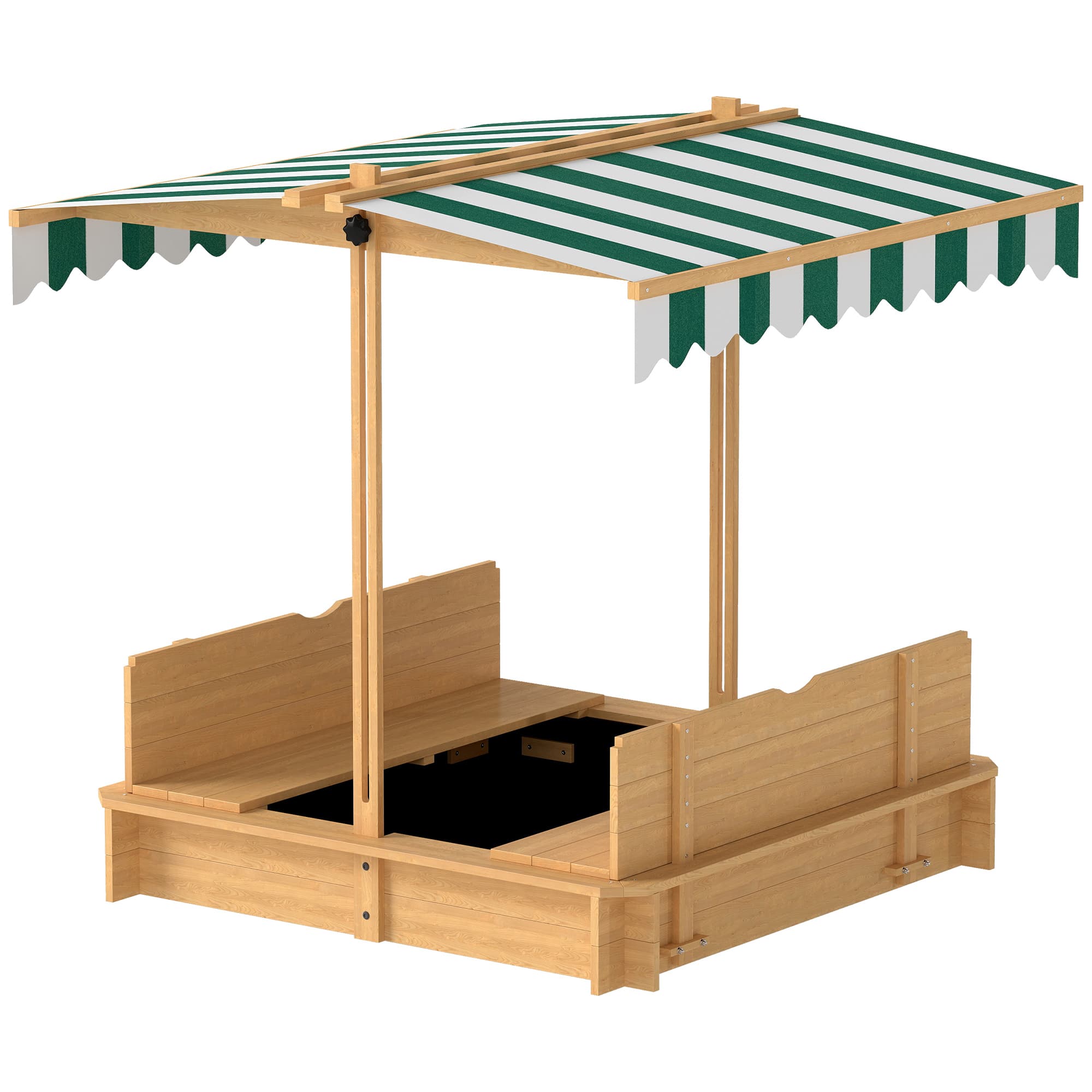 Outsunny Bac à Sable Enfant avec Auvent Ajustable en Hauteur 2 Bancs et Dossiers Amovibles pour Jardin 106x106x115 cm Naturel