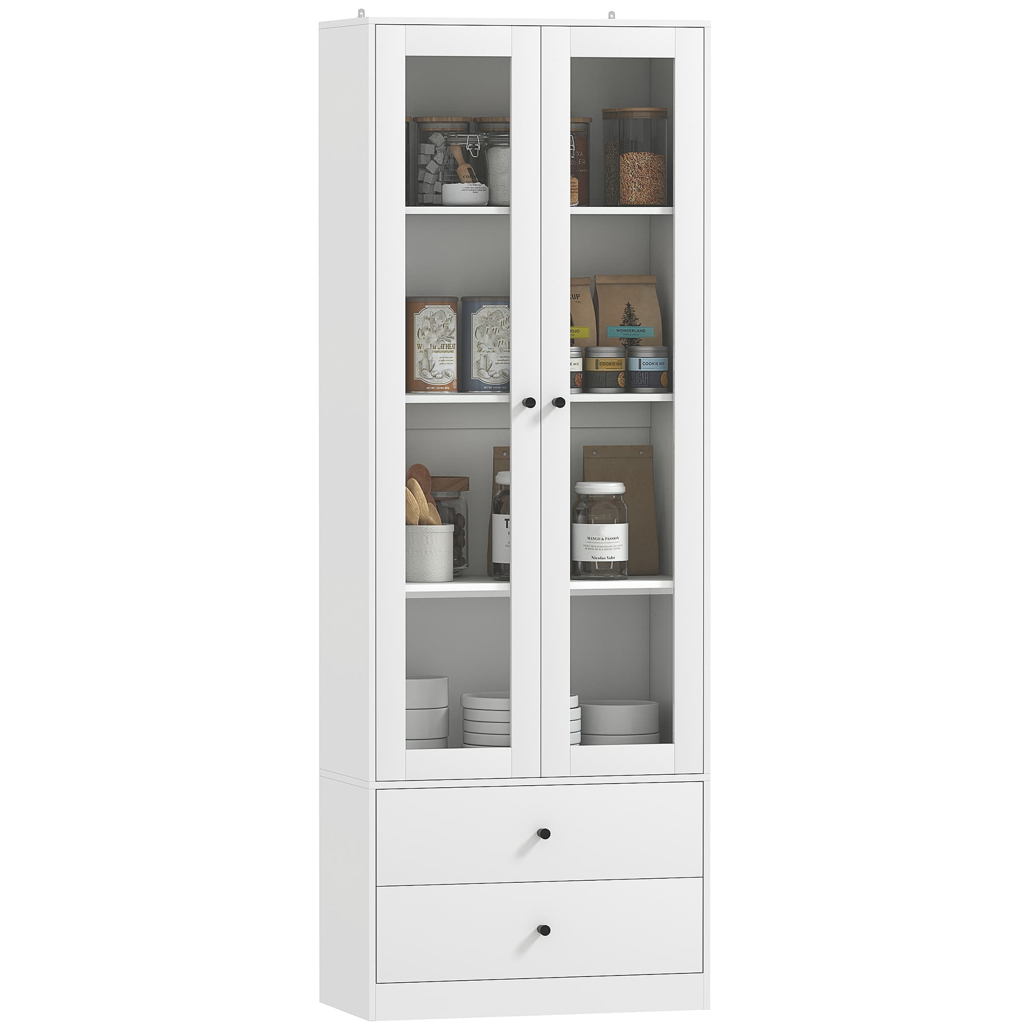 HOMCOM Enfilade Cuisine avec Buffet et 2 Tiroirs, Portes en Verre et Étagères Réglables, 59x30x164 cm, Blanc