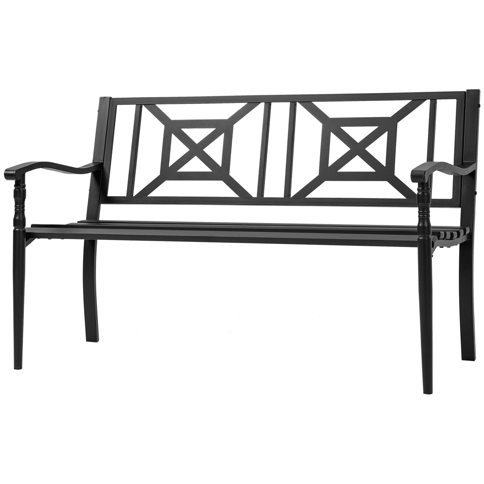 Outsunny Banc de jardin noir en acier pour 2 personnes avec dossier haut et accoudoirs, 128x62.5x81.5 cm