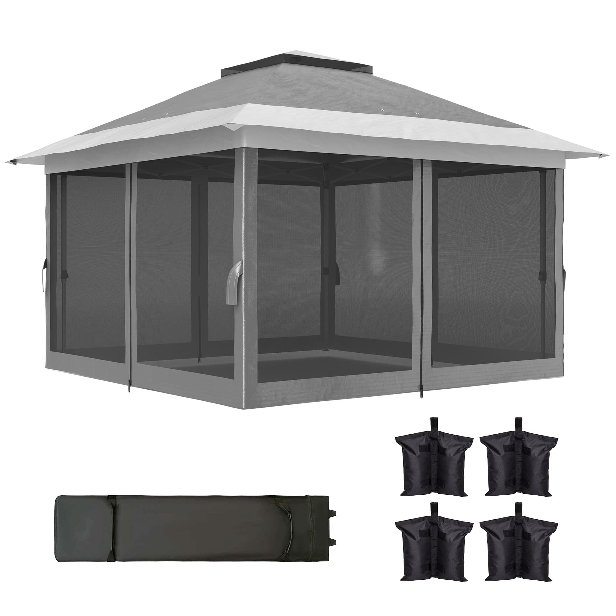 Outsunny Tonnelle Pliante 3,6x3,6 m avec Parois, Hauteur Réglable et Protection UPF50+, Sac avec Roulettes, Gris