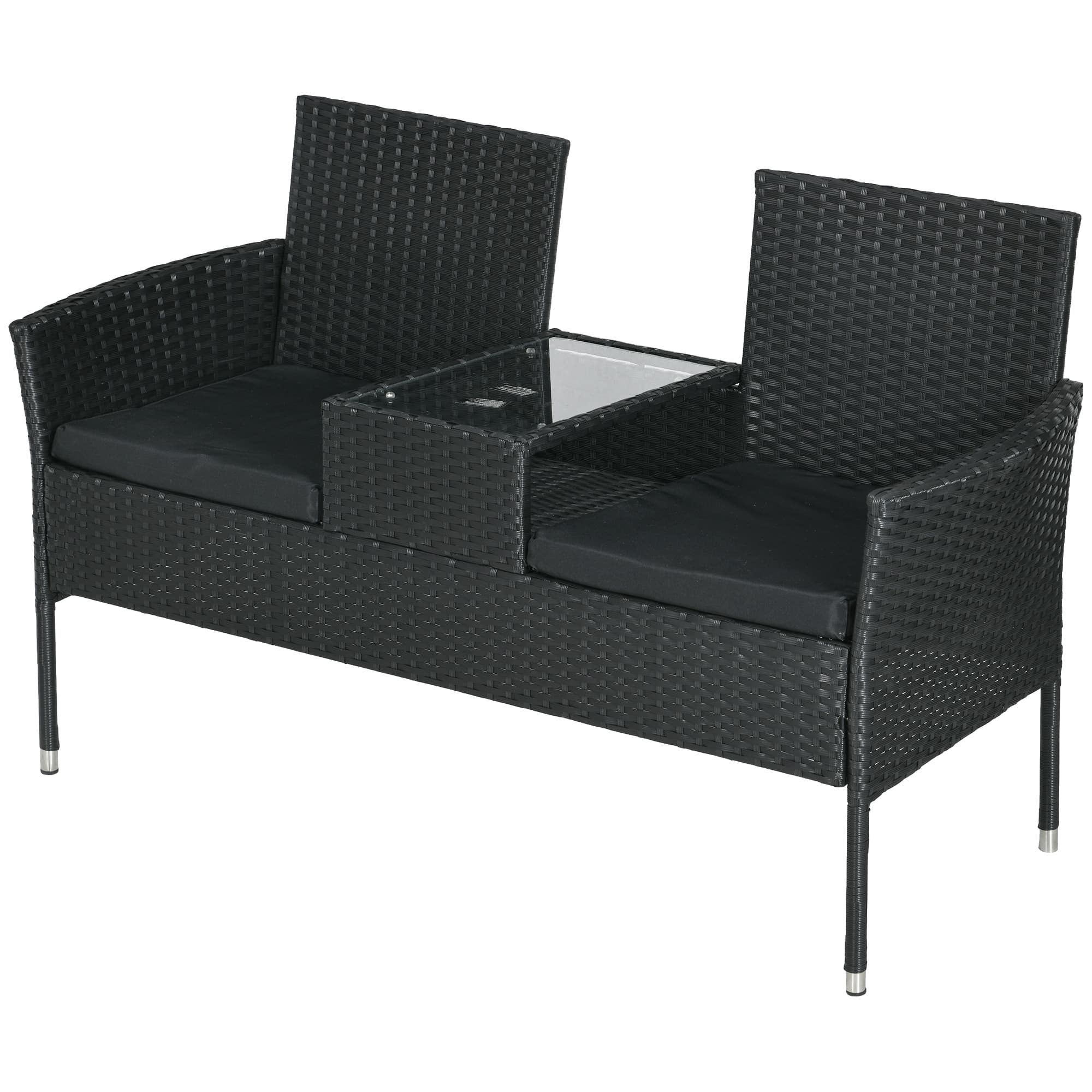 Outsunny Canapé de Jardin 2 Places avec Table Basse, en Acier et Rotin PE, 137x59x82 cm, Noir
