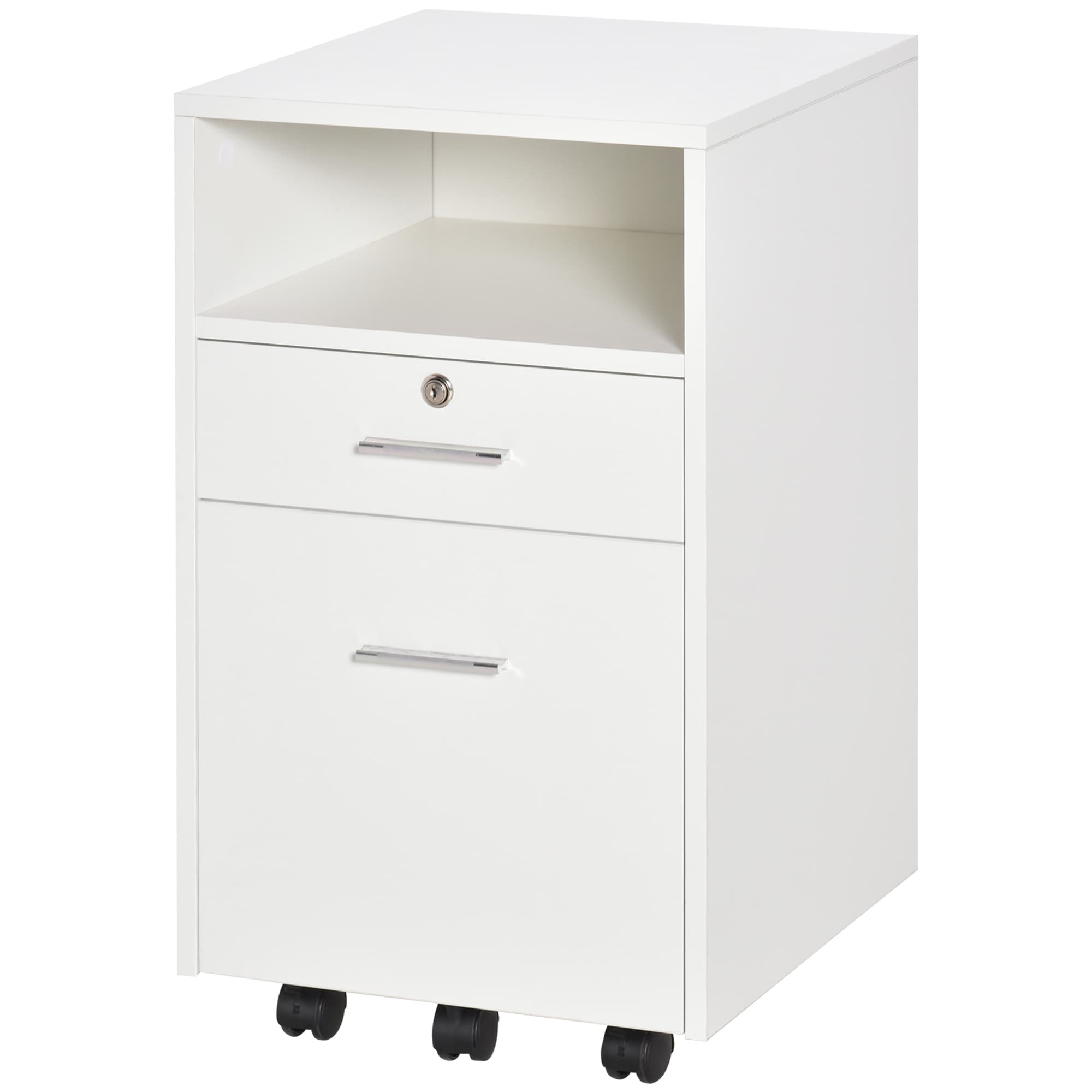 Vinsetto Caisson de Bureau Porte-Documents avec 2 Tiroirs et Étagère Ouverte, Meuble de Bureau en Bois avec 5 Roulettes, Serrure et 2 Clés, 39x40x65 cm, Blanc