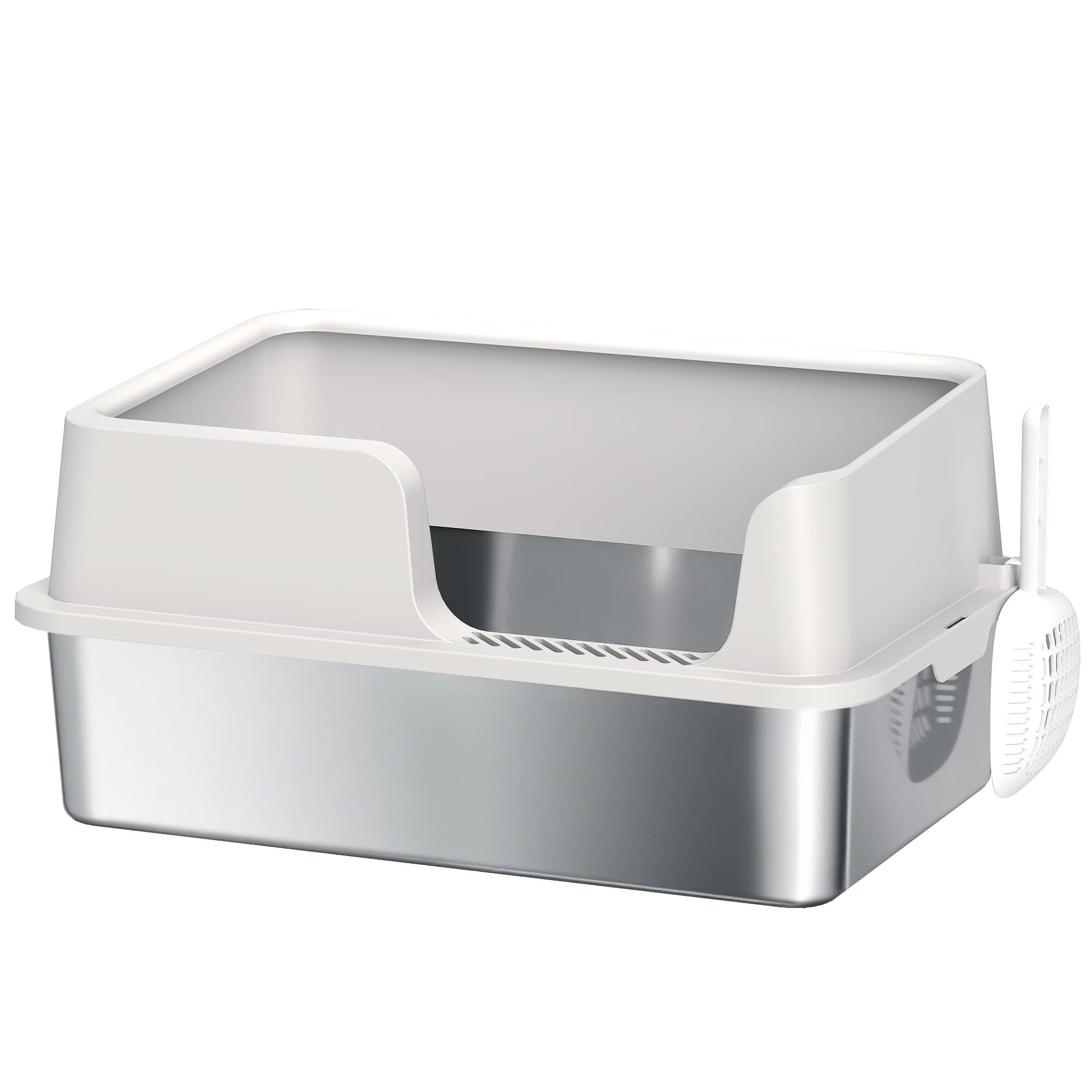 PawHut Litière pour chat, bac à litière en acier inoxydable avec côtés hauts pelle nettoyage facile 60 x 40 x 28 cm gris clair