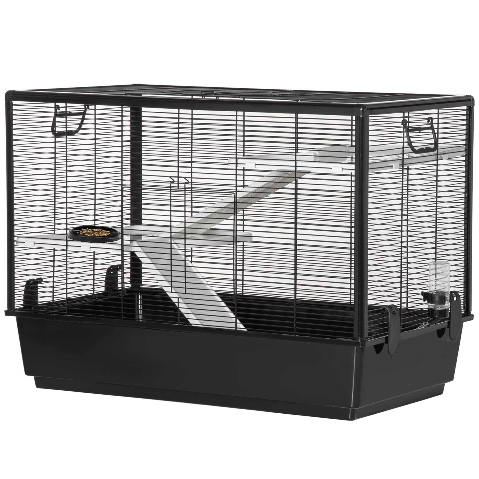 PawHut Cage pour Cochon d'Inde avec Poignée, Bouteille d'Eau, Rampe et Bol, 80x48x58cm, Noir