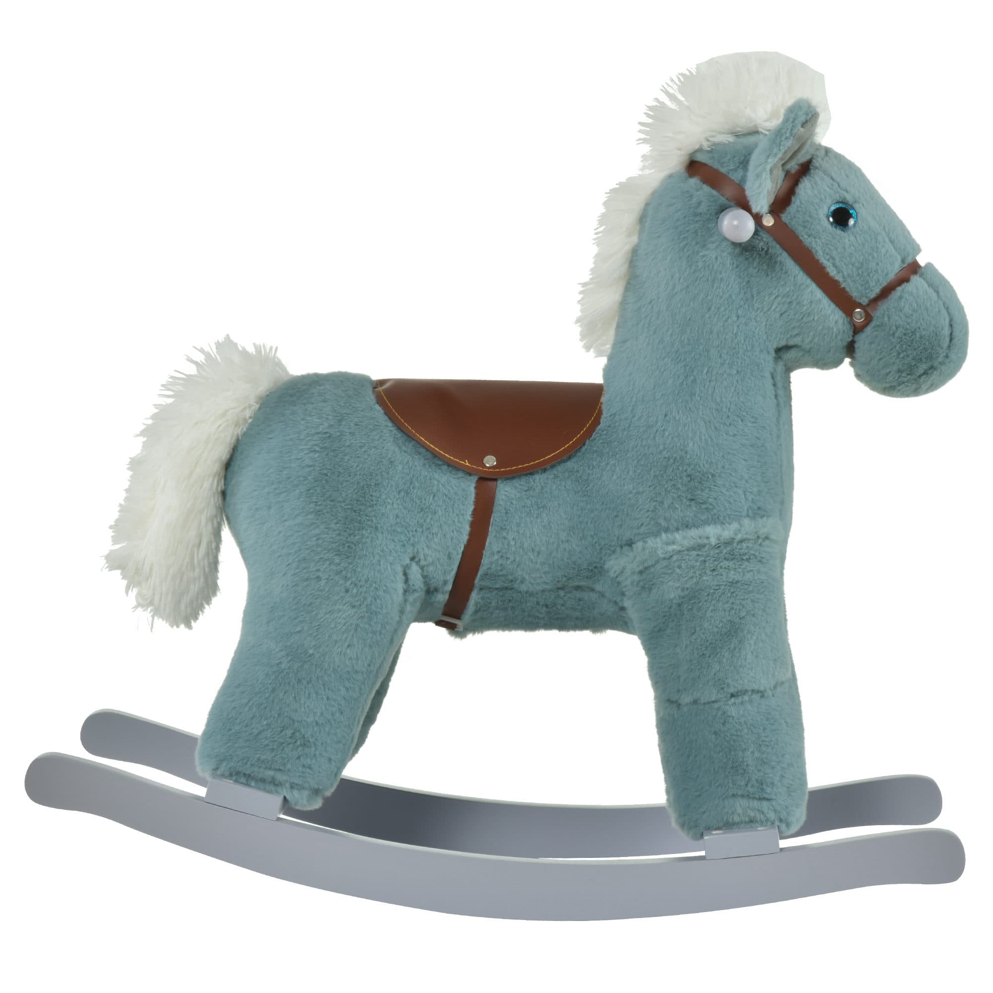 HOMCOM Cheval à Bascule pour Enfants en Peluche et Bois avec Sons et Ours en Peluche Inclus, pour Enfants de 18-36 Mois, 65x26x55 cm, Bleu