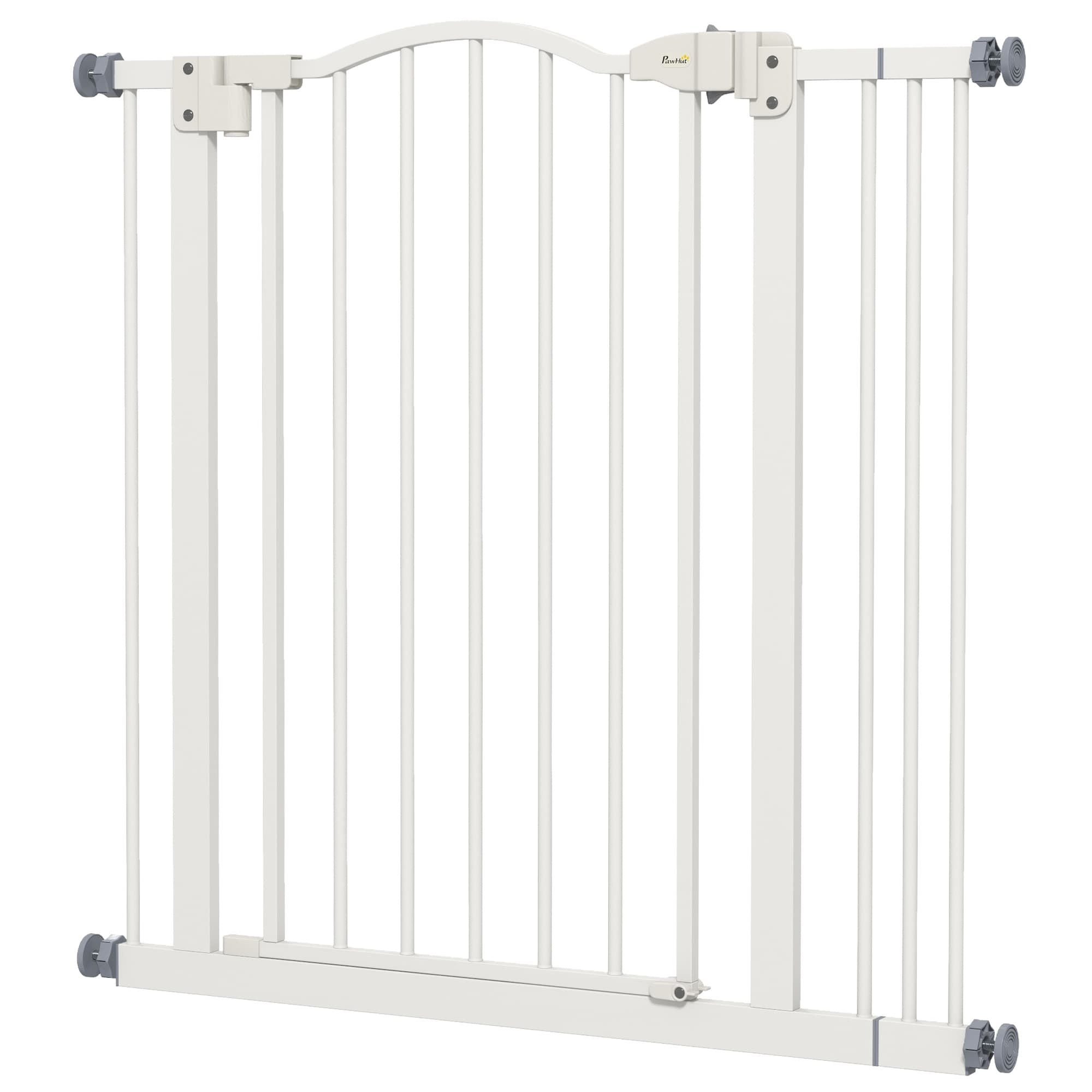 PawHut Barrière pour Chiens Extensible avec 2 Verrous et Fermeture Automatique, en Métal et Plastique, 74-87x78 cm, Blanc
