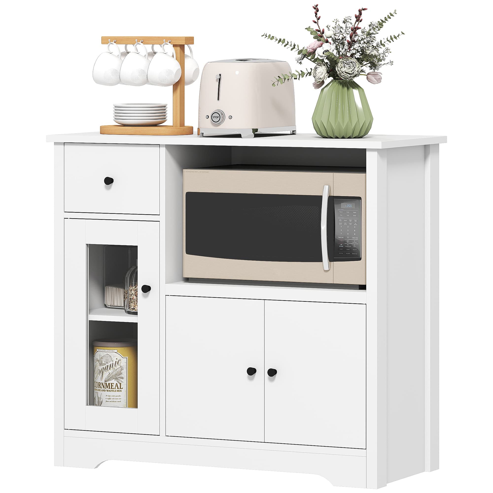 HOMCOM Meuble de Cuisine avec Trou pour Câble, Buffet avec 2 Armoires, Étagère Ouverte, Tiroir, 80 x 35 x 72,2 cm, Panneau de Particules, Blanc