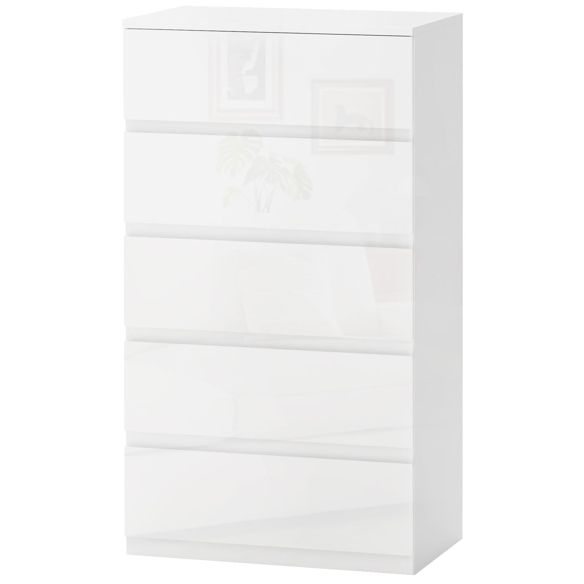 HOMCOM Commode Moderne 5 Tiroirs Anti-basculement en Bois, 55x33x100 cm, Blanc Brillant
