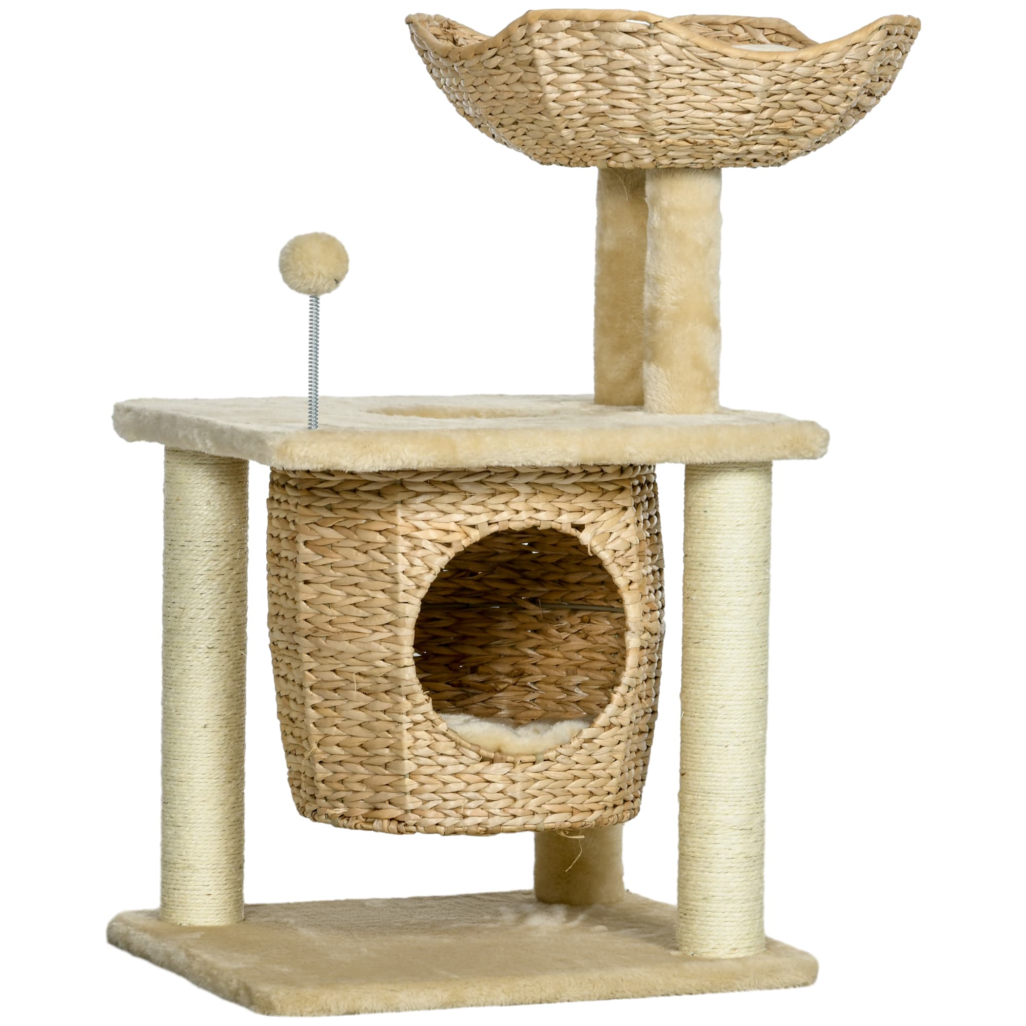 PawHut Arbre à chat Beige avec Niche, Griffoir en Sisal, Panier et Pompon, Jacinthe d'eau en Peluche - 45x40x74 cm Aosom France