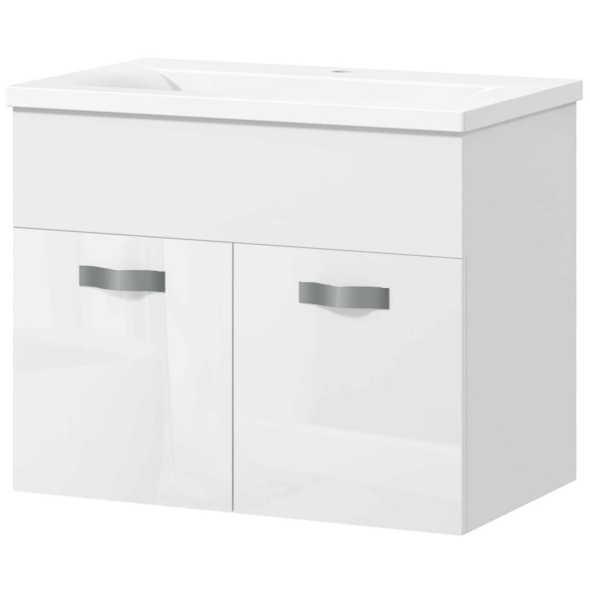 Kleankin Meuble Suspendu de Salle de Bain avec Lavabo, Armoire à 2 Portes avec Charnières Amorties, 61x40x50cm, Blanc Brillant