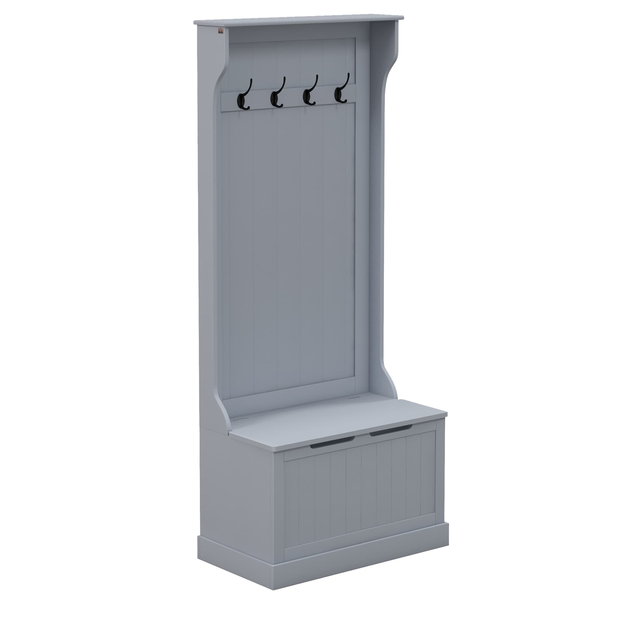 HOMCOM Portemanteau 3 en 1 avec 4 Crochets et Banc Conteneur, en Bois, 71,5x39,5x170 cm, Gris