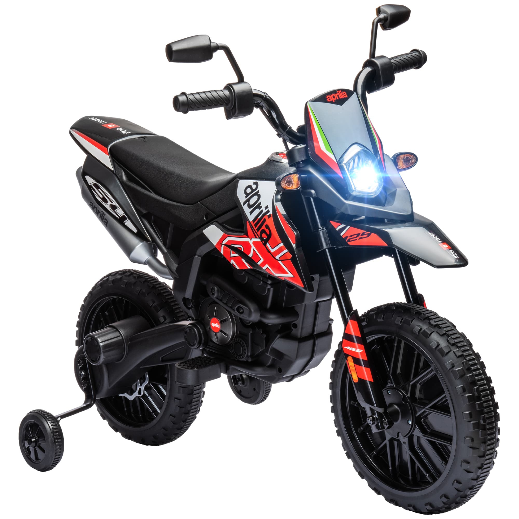 AIYAPLAY Moto électrique enfants sous licence Aprilia avec 2 moteurs 12V, roues d'entraînement, lumière LED, musique - rouge