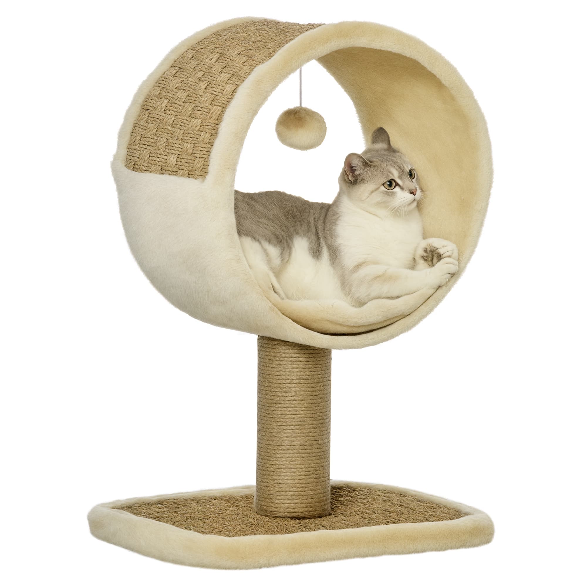 PawHut Arbre Multi-Activités pour Chat avec Griffoir Jute, Jouet Souris et Coussin Peluche Kaki Beige Aosom France