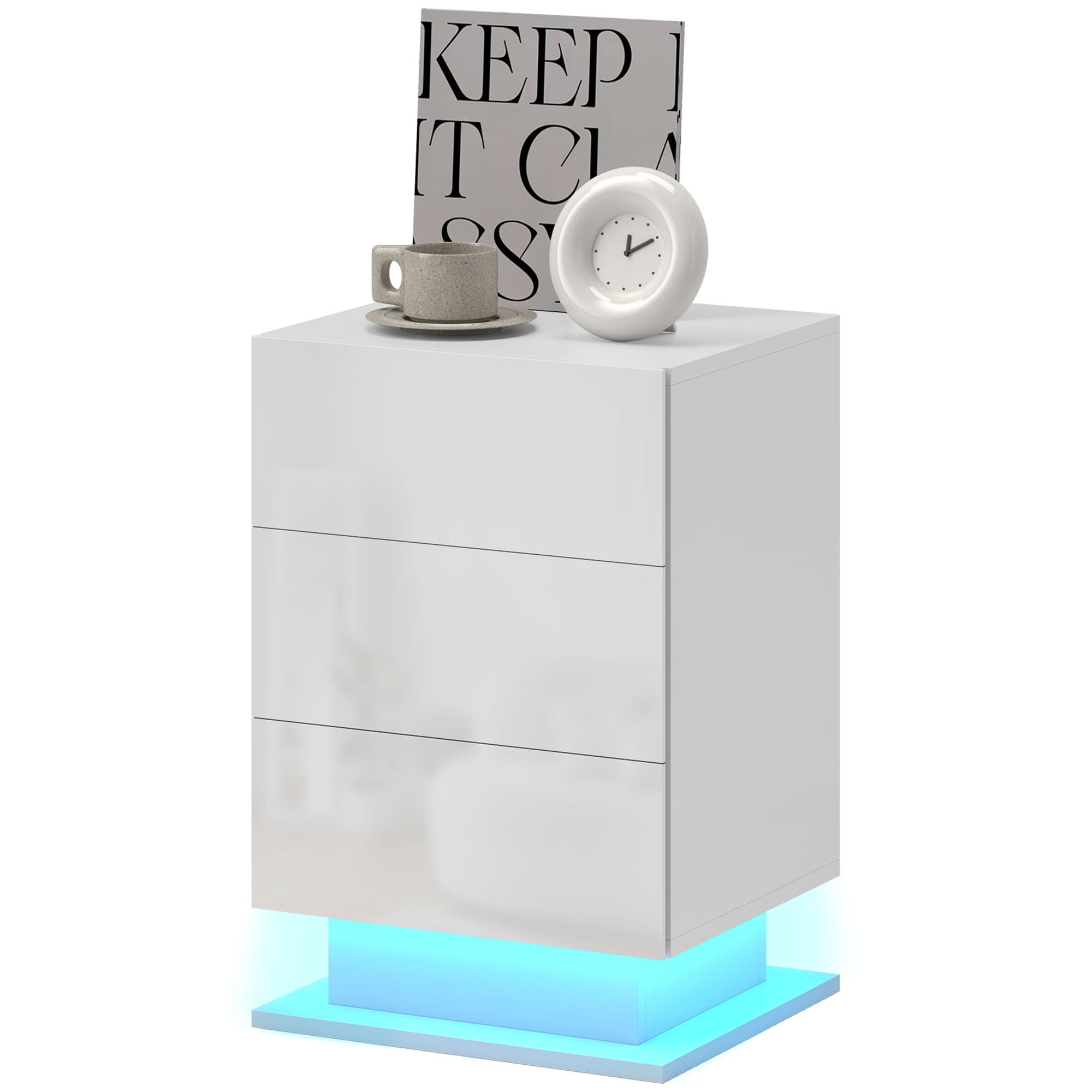 HOMCOM Table de Chevet Moderne avec Lumière LED Réglable et Télécommande, 3 Tiroirs, 40x35x60 cm, Blanc Brillant