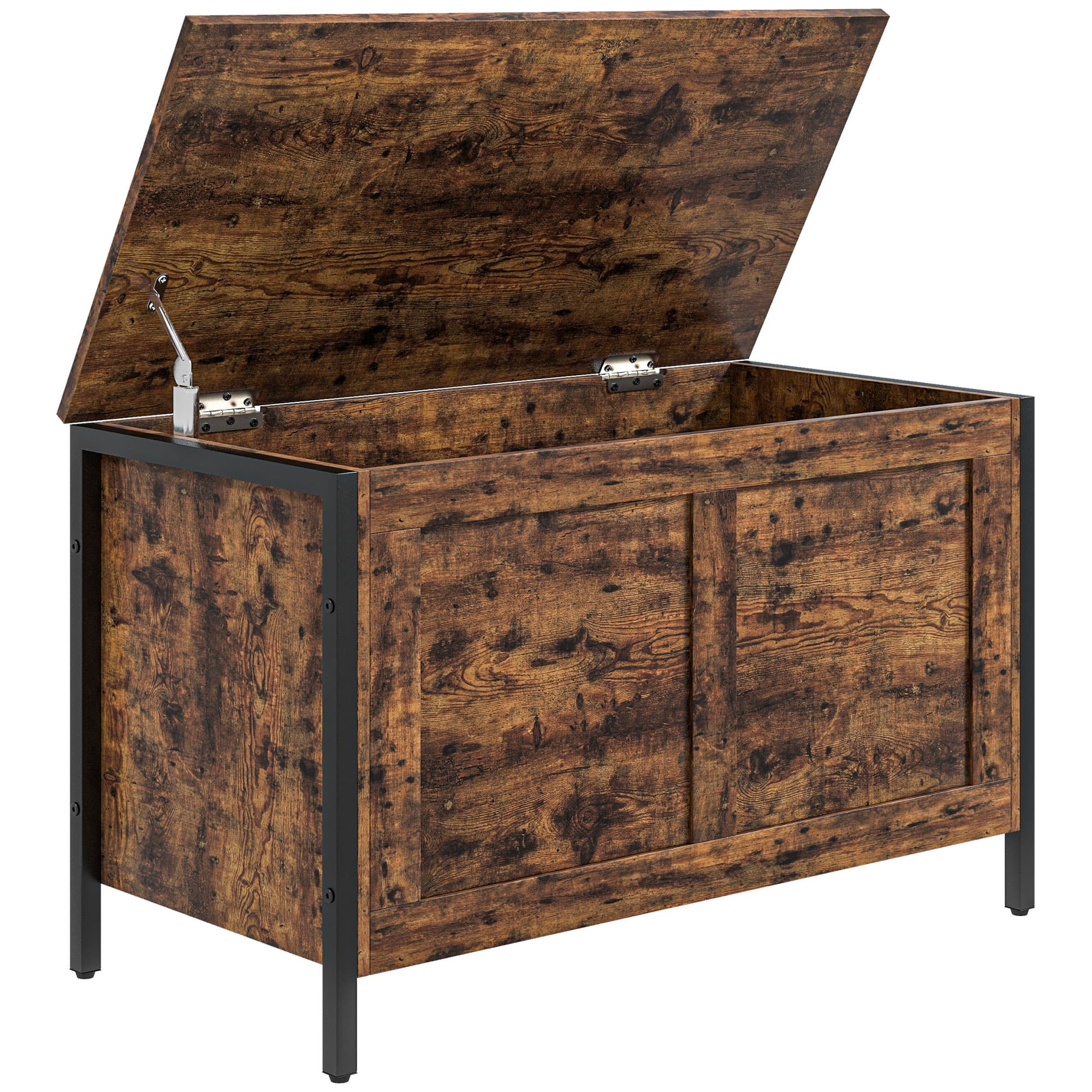HOMCOM Coffre en Bois de 95L de Style Industriel avec Couvercle et Charnière de Sécurité, 80x40x49cm, Marron