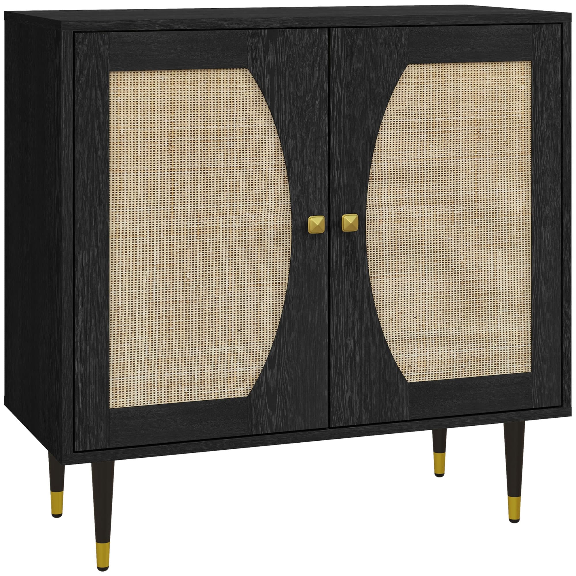 HOMCOM Buffet haut meuble de rangement design bohème double portes avec 2 niveaux, façade en rotin 80 x 38 x 79 cm noir