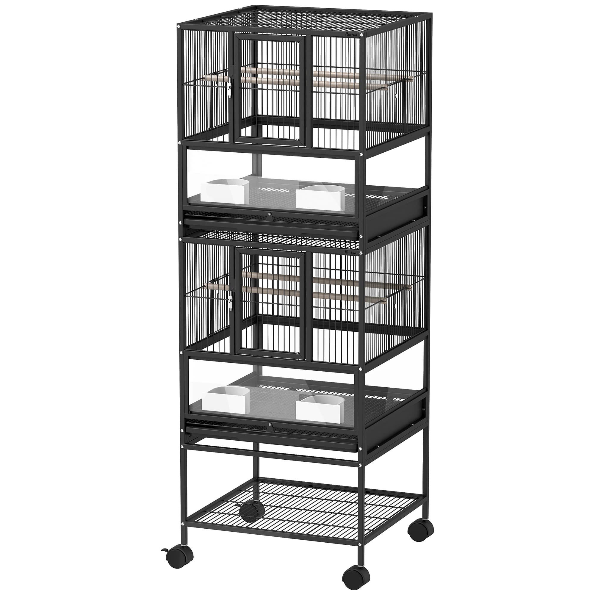 PawHut Cage pour Oiseaux de 2 Niveaux avec Panneaux Acryliques Gamelles Roues et Étagère Inférieure 48x46x134,5 cm Noir