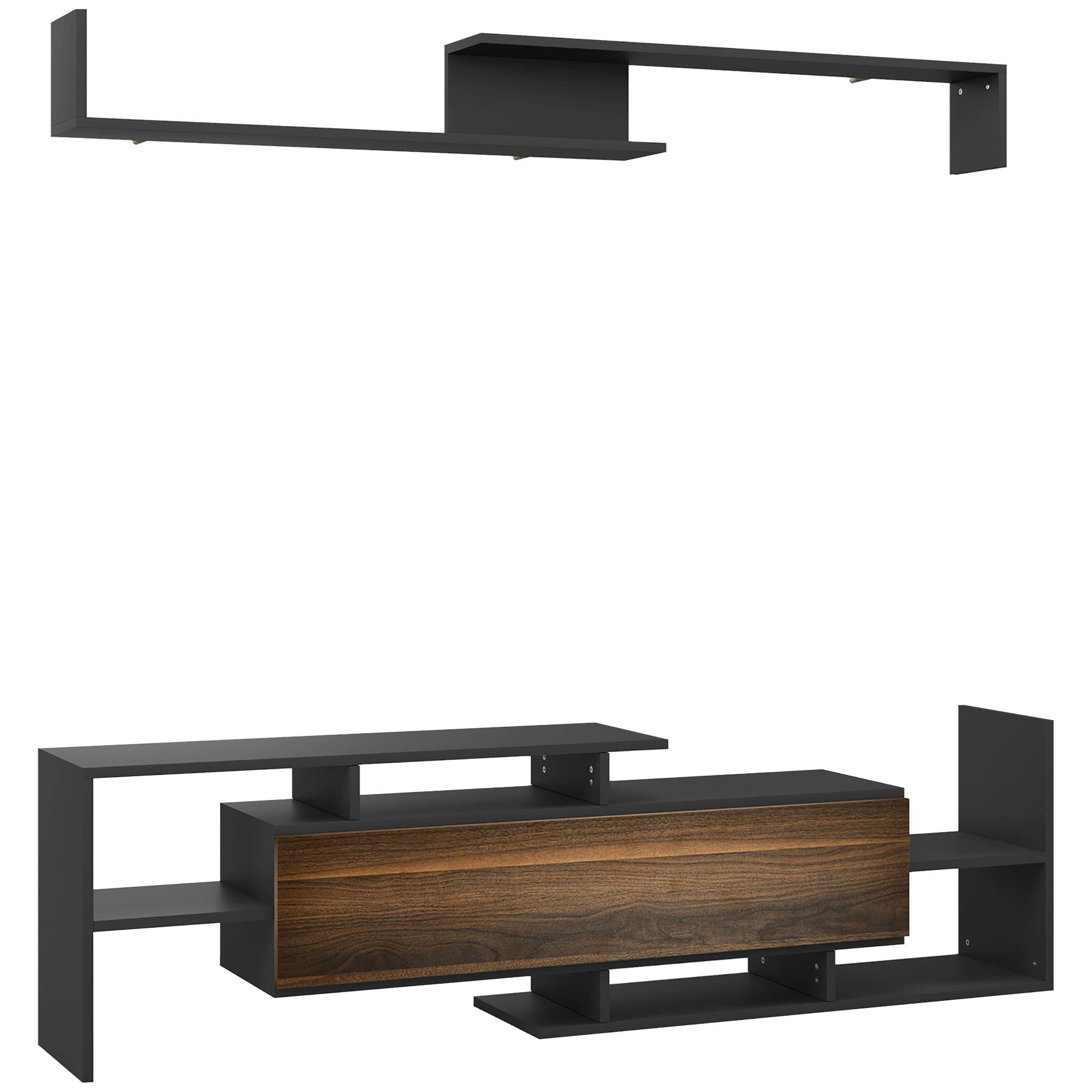 HOMCOM Meuble TV avec Étagère Murale, Étagères Ouvertes et Armoire en Bois, Noir et Marron