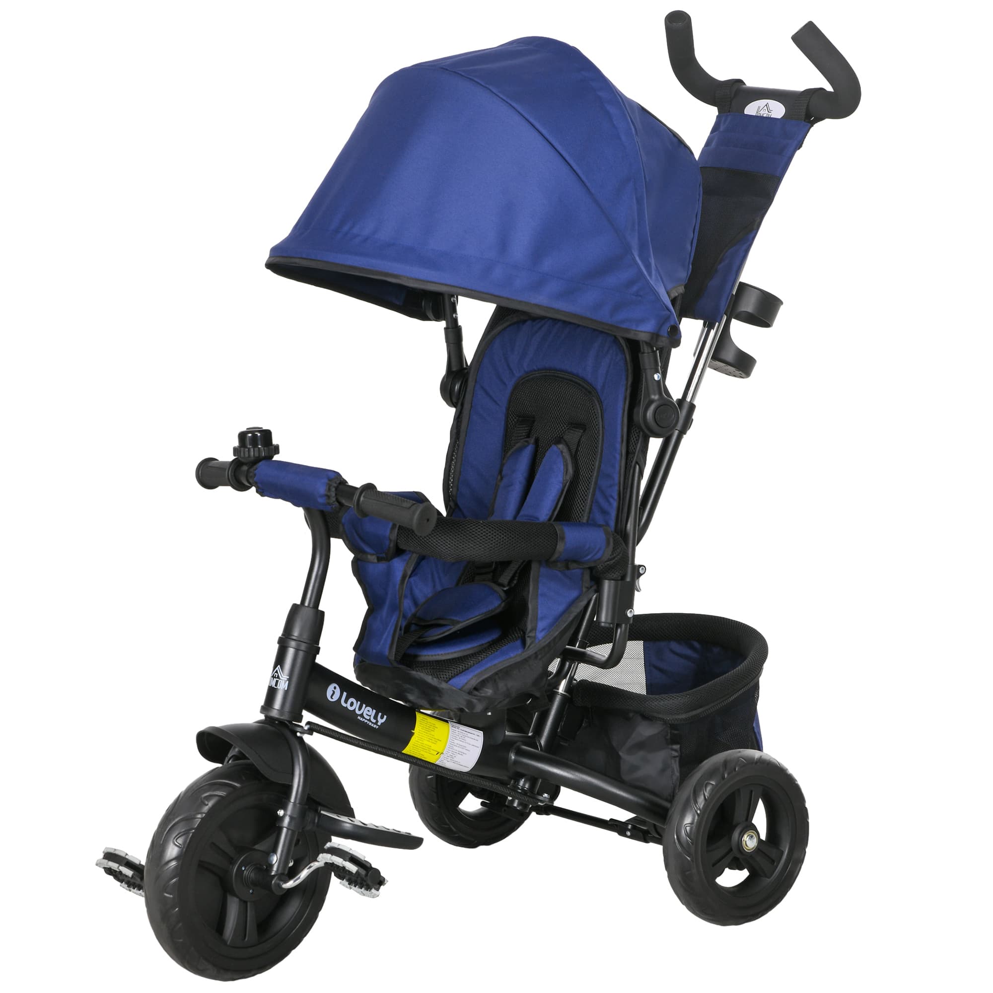 HOMCOM Tricycle pour Enfants, Vélo pour Enfants, Panier arrière, Porte-gobelet, Capote, Métal, Bleu foncé
