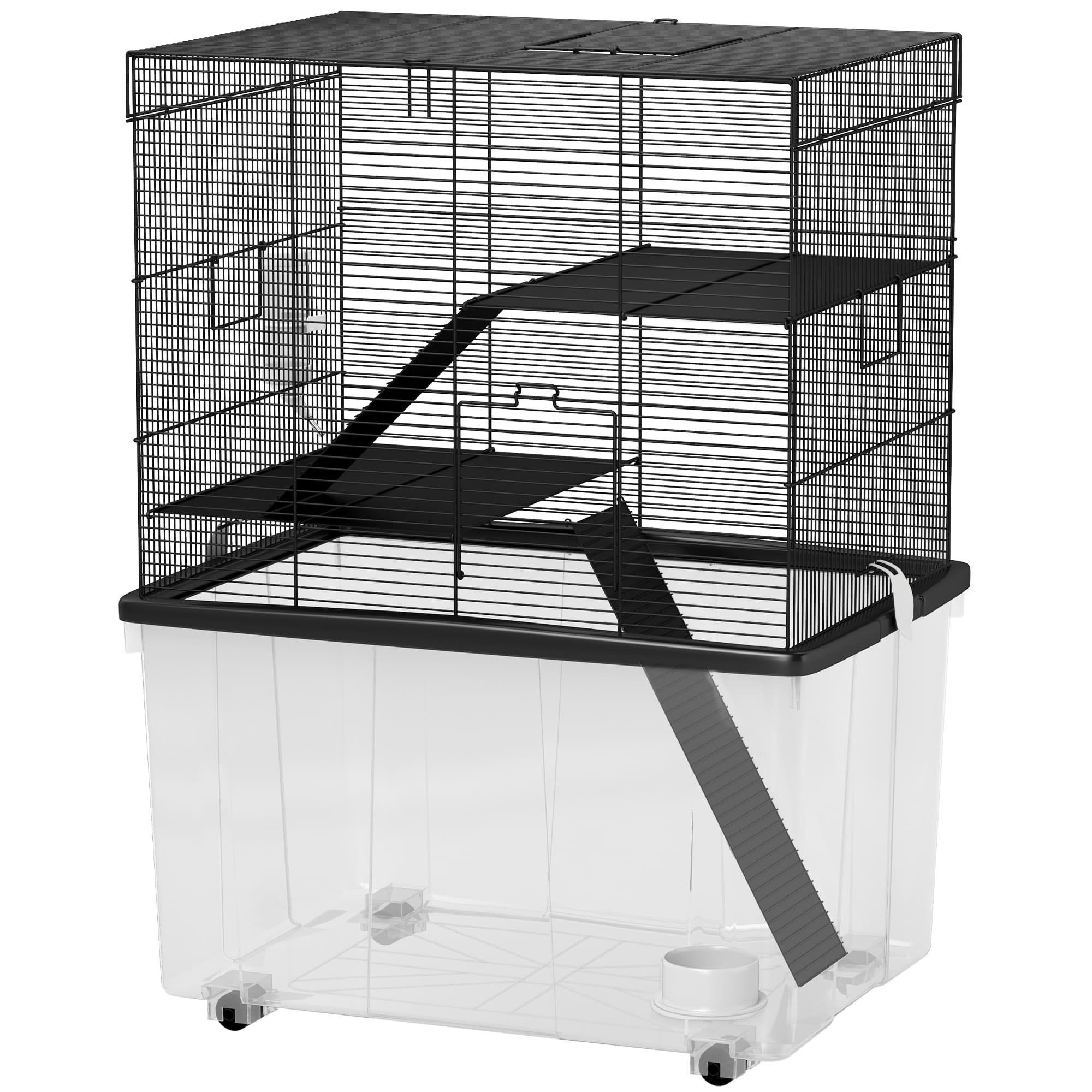 PawHut Cage pour Hamsters 3 Étages avec Roues, 2 Plateformes, Rampes, Bol et Bouteille, 58x43x74 cm, Noir