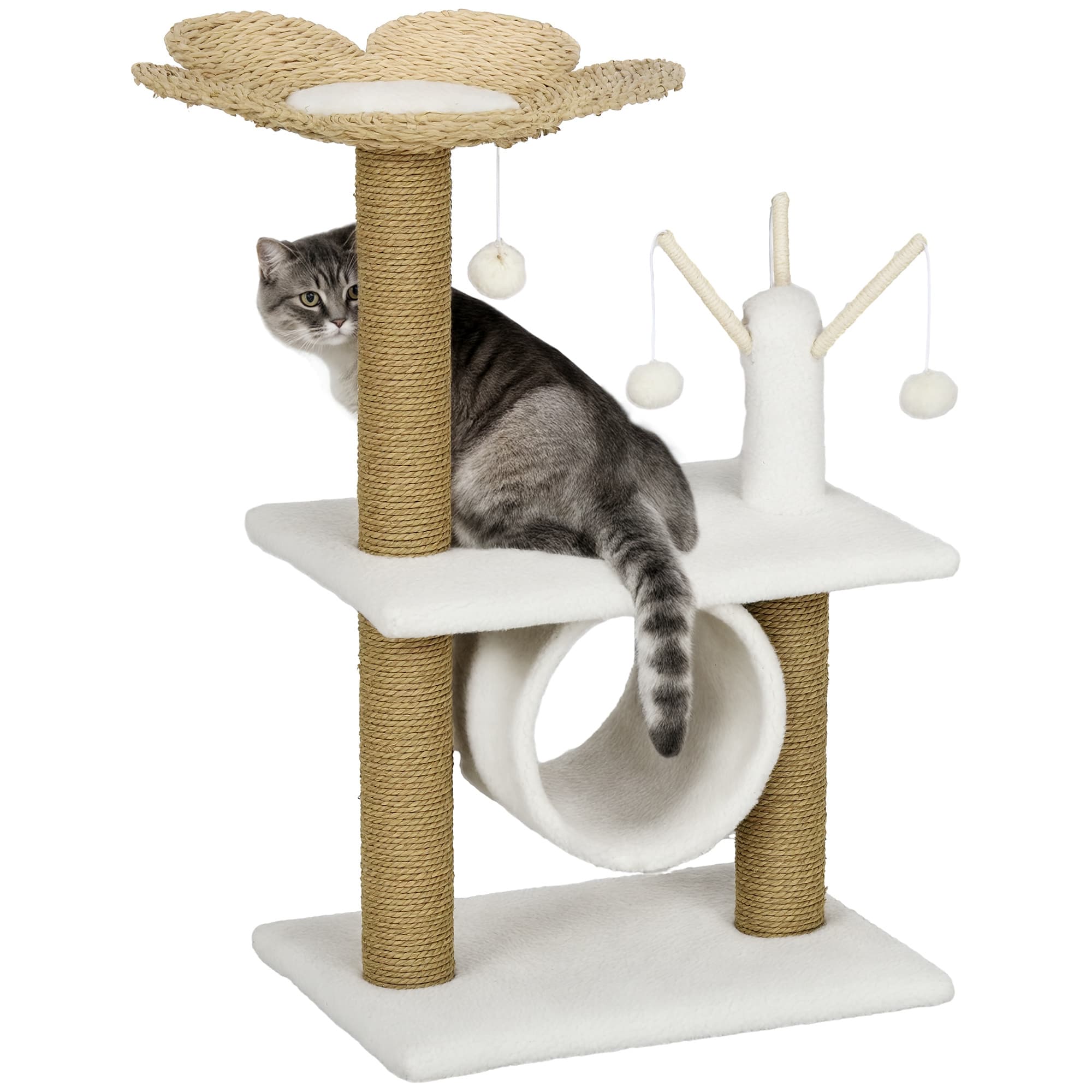 PawHut Design Arbre à chat Beige Cosy Chic - Griffoir Sisal Naturel, Tunnel, Plateforme, Quenouille - Peluche Polyester 56x40x91cm Aosom France