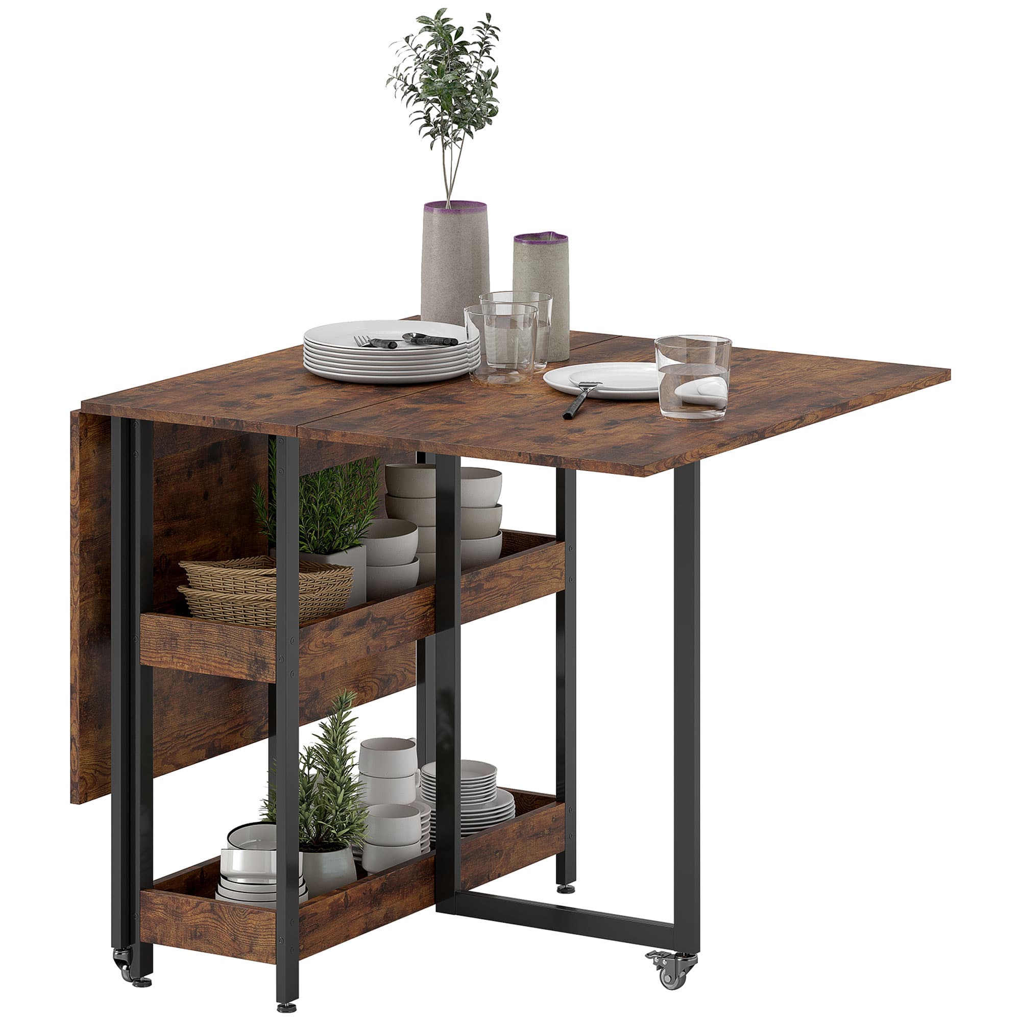 HOMCOM Table à manger pliante dans un design industriel, pour jusqu'à 4 personnes, étagères ouvertes, flexible, métal, panneau de particules, brun