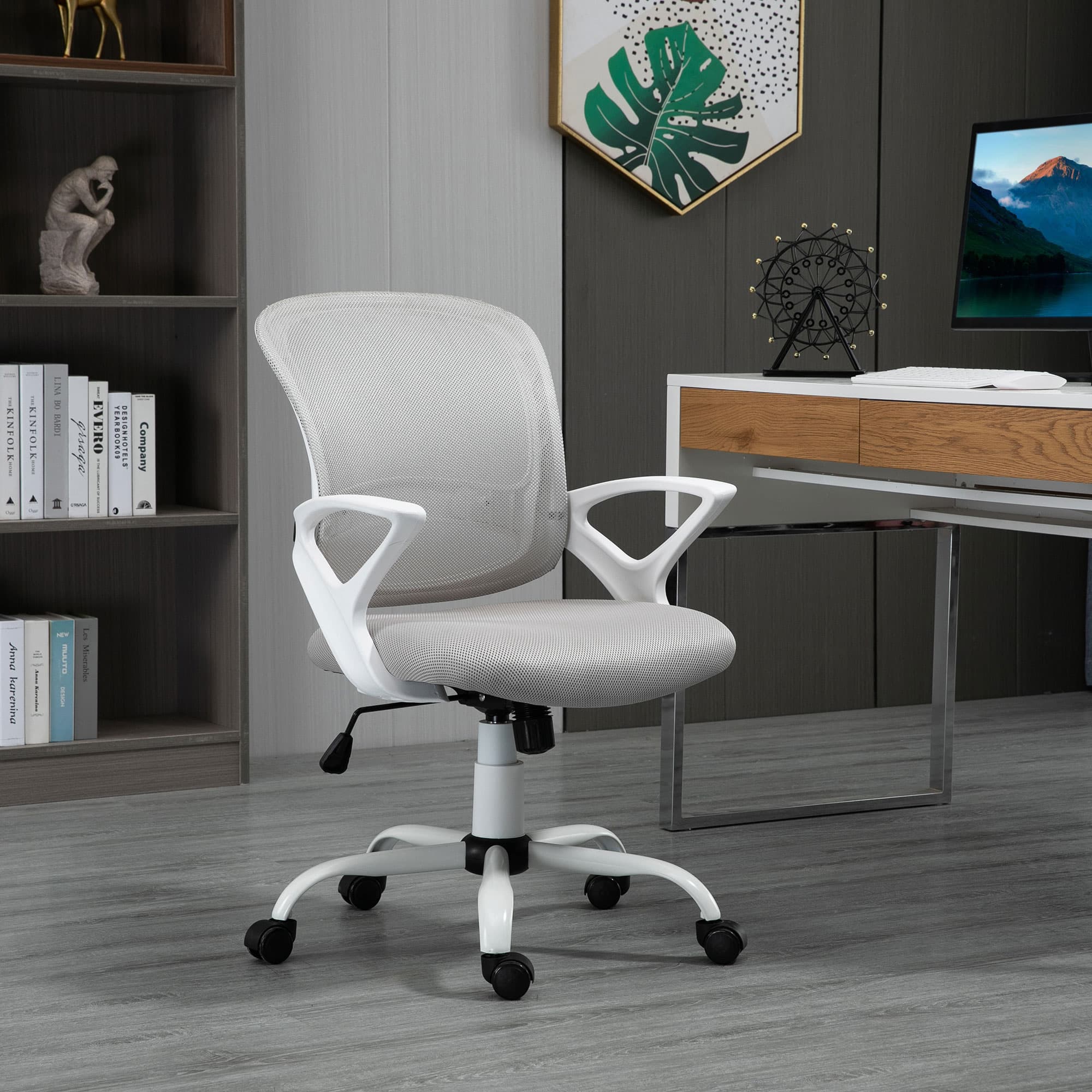 Vinsetto Chaise de Bureau, Chaise de Bureau avec Roulettes, Ergonomique, Réglable en Hauteur, Gris
