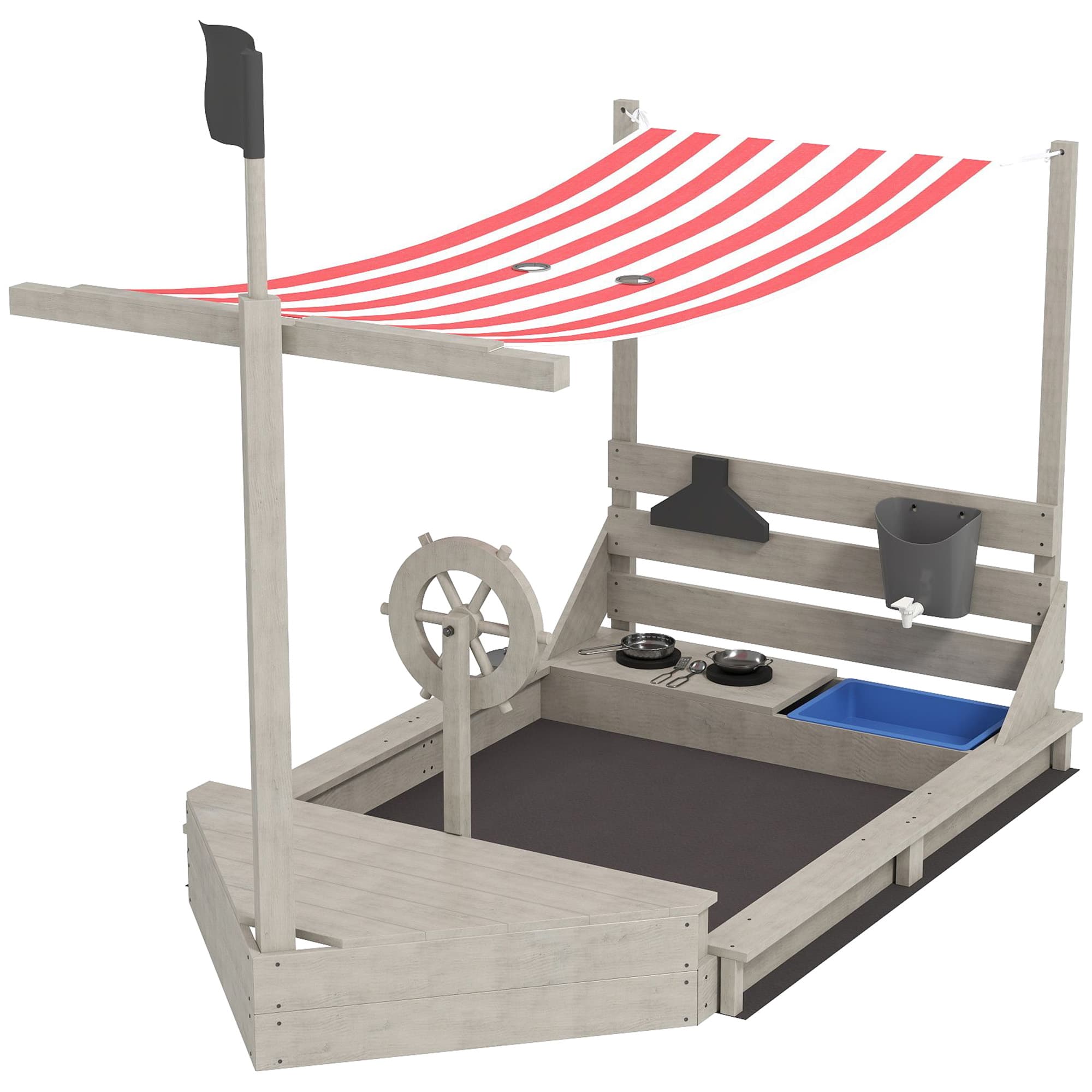 Outsunny Bac à Sable de Navire de Pirates avec Auvent, Inclut Ensemble de Jeu de Cuisine pour Enfants, Bois Massif, 180 x 103 x 144,5 cm, Gris