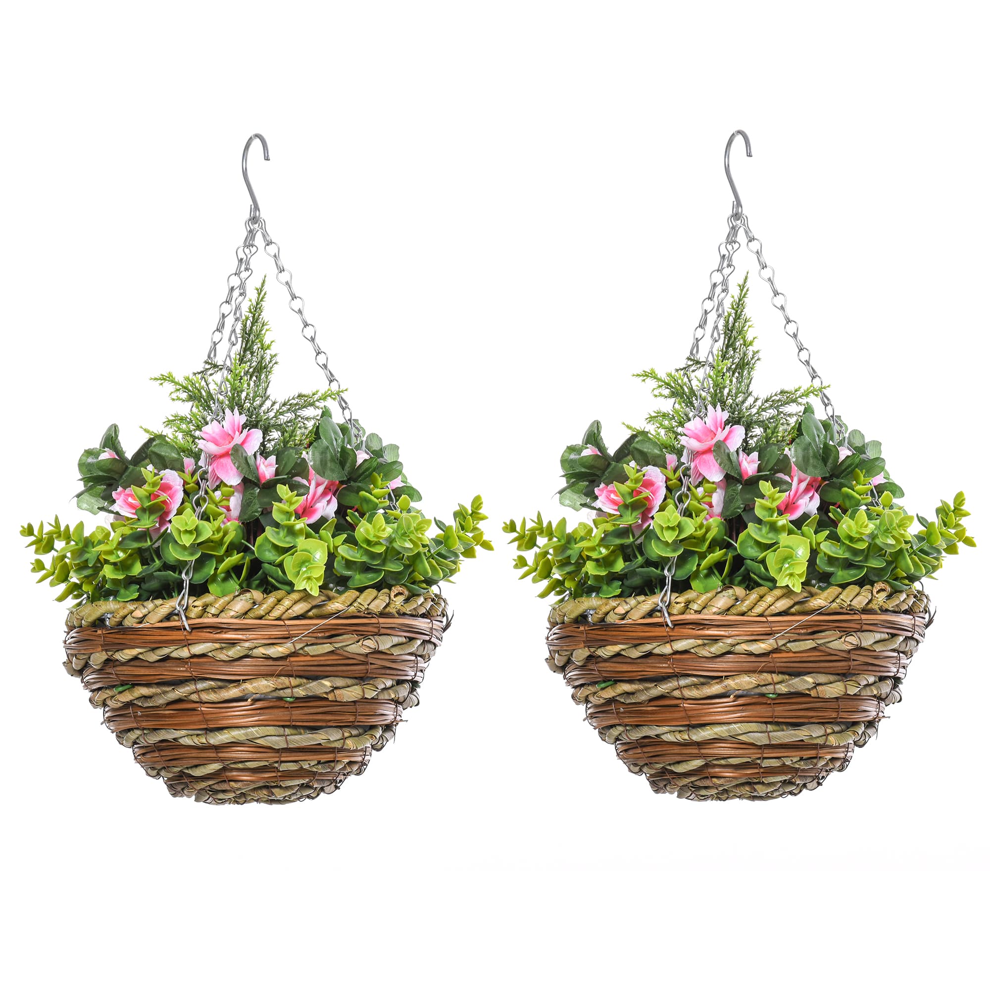 Outsunny Set 2 Piante Finte di Lisianthus avec Pot et Crochet, Plantes Artificielles en PE et Osier, Ø25x34 cm, Vert et Rose